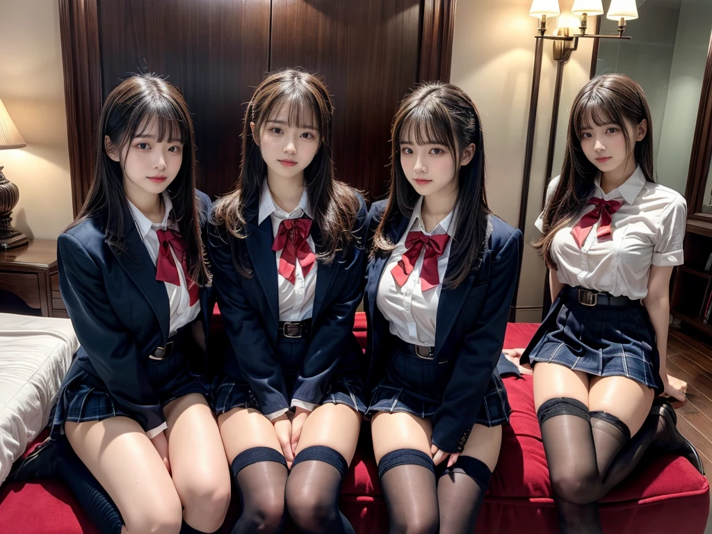 (8K, Raw photography, top-quality, masterpiece:1.2), master piece, best quality, illustration, Super detailed, fine details, High resolution, 8K,wall paper, perfect dynamic composition,(Details High quality, realistic depiction of eyes:1.3), ((2 girls, 2 schoolgirls)), The background is a luxury hotel room、High school girl uniform、blazer 、Super Short Check Uniform Skirt、Navy blue high socks、garterbelts、Colossal tits、Disturbed uniform, Play with each other,Touching each other's bodies,Touching the body of the girl next door, short bob hair, black hair color, huge breasts, Big Natural Color Lip, bold sexy pose, (perfect body shape), crying a little、cold gaze, Beautiful makeup,glitter makeup,Cutest 18 years old, beautiful legs, hposing Gravure Idol, Voluptuous thighs