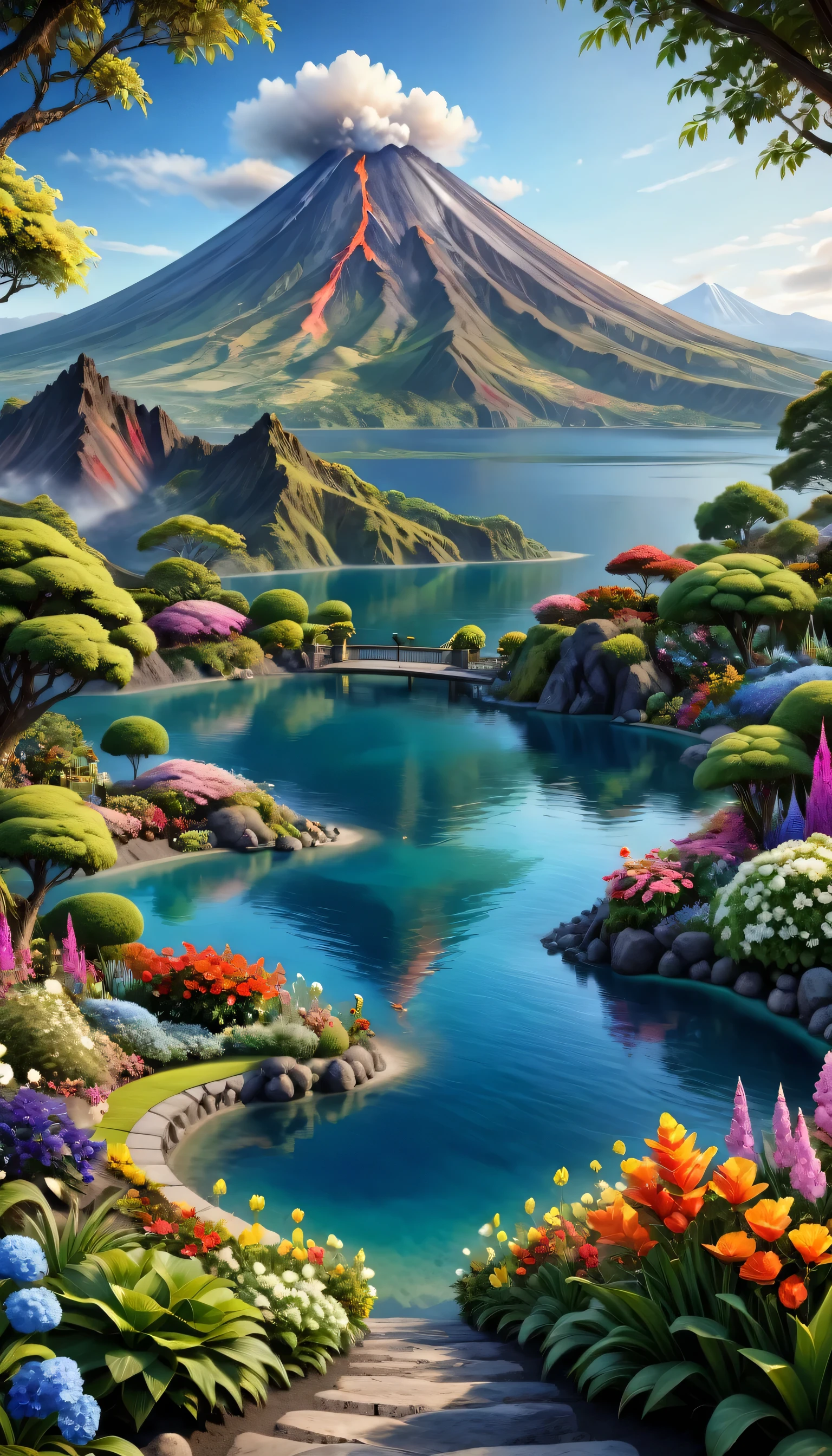 Beautiful Garden, realism, lake, Active volcanic mountains, Flowers,romantic,Amazing beauty,32k