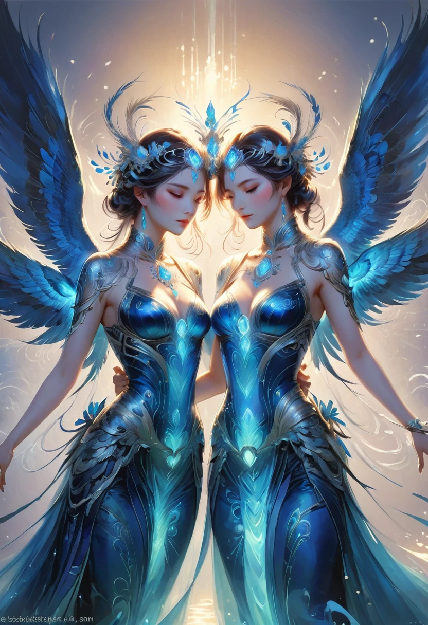 lesbian couple of peacock goddesses, bleu and white, elegant, romantic, cute moment of tenderness, a beautiful artwork illustration, artwork in the style of guweiz, anime fantasy illustration, digital art on pixiv, guweiz on pixiv artstation, beautiful gemini good and evil, guweiz, detailed digital anime art, guweiz on artstation pixiv, exquisite digital illustration