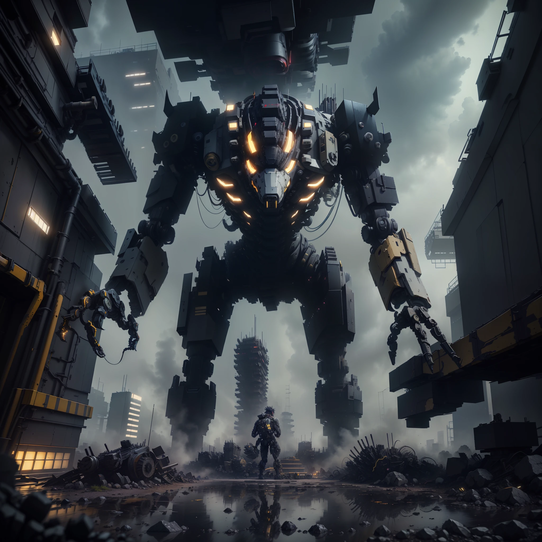 Construction site AI mech, HDRI, ultra realistic, UHD, many detail, retro 3d graphics, trend on behance 3d art, trend on behance 3d art, 3d illustration, 3d illustrati,3d rendering, close-up, hyper front shot, style of Tsutomu Nihei, ghost in the shell, sci-fi, gaze, dystoia future society, gigantic complex structures background, gloomy environment, deep foggy, lighting effects from various directions, red and blue illuminations, complicated lines and rubber tubes with grunge, bolt, rivetings, dynamic lighting effects, Unreal engine 5, RTX 4090 shader, hyper detail texture with reflection,