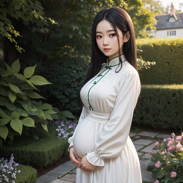 A very young pregnant Chinese girl with long black hair, green eyes, and light skin wearing a long historic Edwardian light green dress with long sleeves and a white blouse in the garden of an English Manor