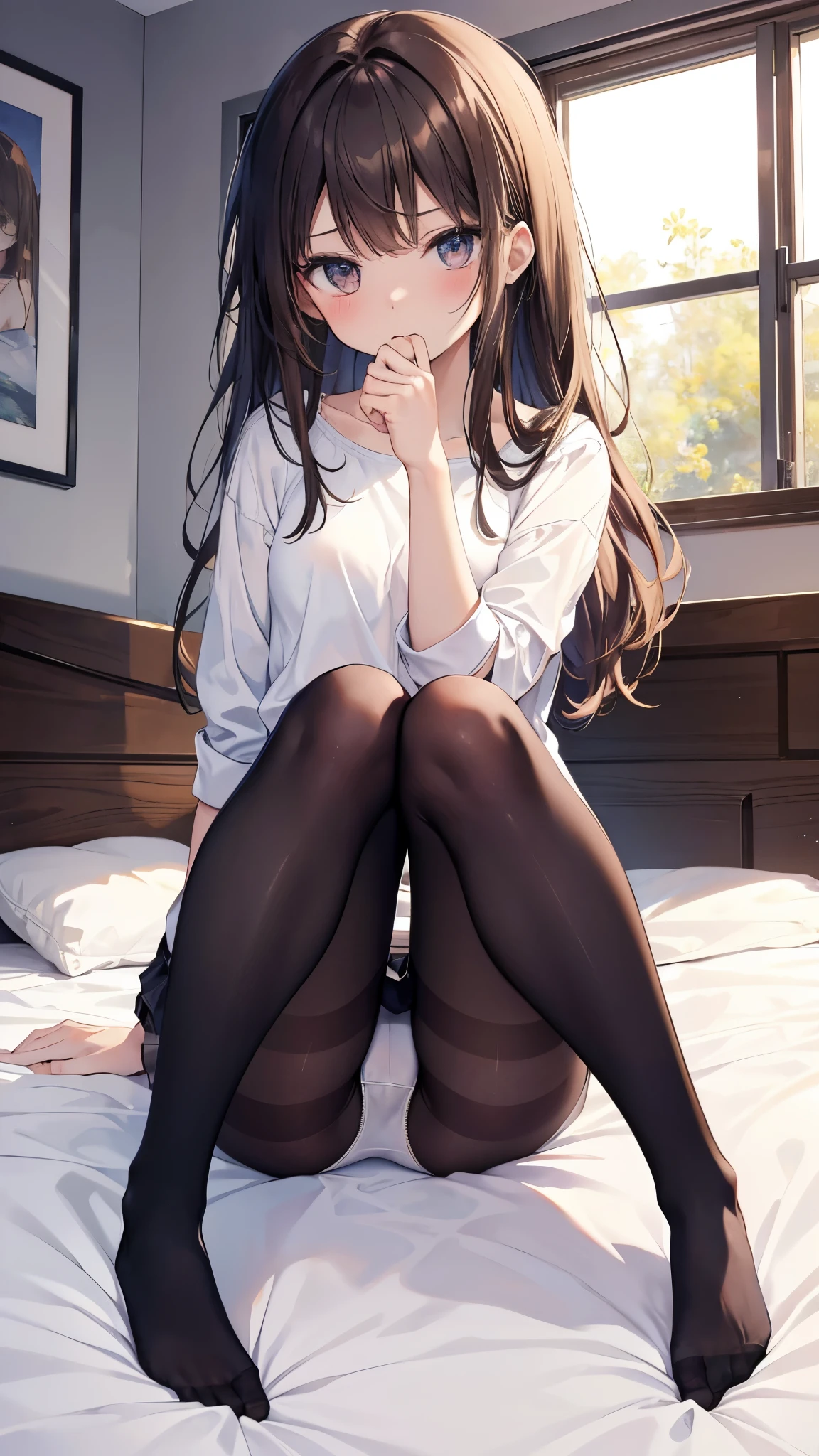 highest quality, masterpiece, High resolution, (Head to toe full body view), Front view from slightly below, Symmetrical Configuration, Precisely balanced composition across the body、18-year-old, Slim and beautiful girl, alone, (Small breasts), (No shoes), Long brown hair, bangs, (Black Pantyhose), (Sit on the floor with your legs open), (Spread-legged pose on bed), (Her legs were spread、White panties are visible.), (Open your mouth with a pained expression), blush, Shy big eyes, Looking into the camera, high school girl&#39;Blazer uniform, Checkered pleated skirt