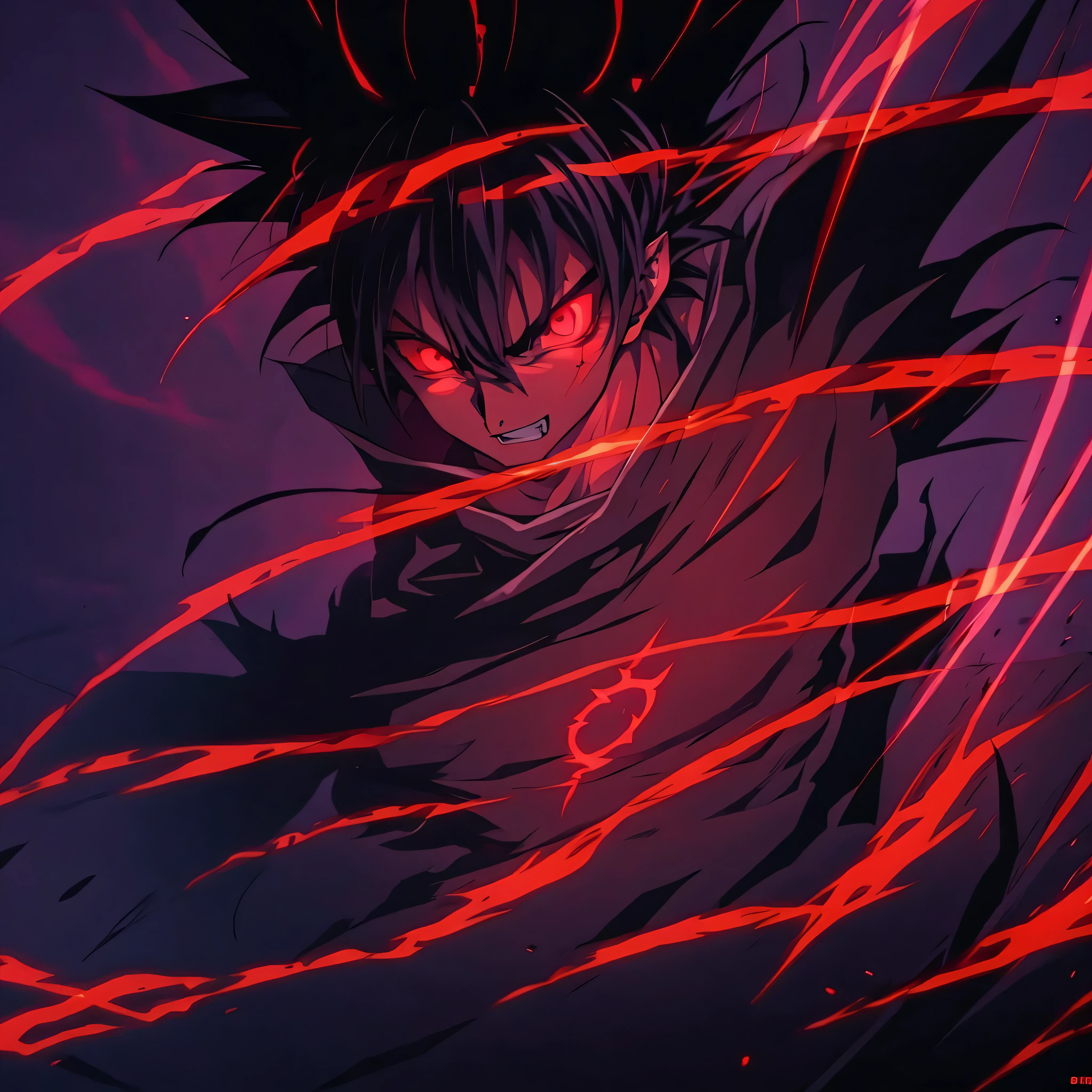 anime character with glowing eyes and a red background, badass anime 8 k, epic anime style, anime epic artwork, glowing black aura, evil aura, wild spiky black saiyan hair, anime wallaper, dark aura, advanced anime digital art, 4 k manga wallpaper, advanced digital anime art ”, 4k anime wallpaper, hd anime wallaper, darkness aurA