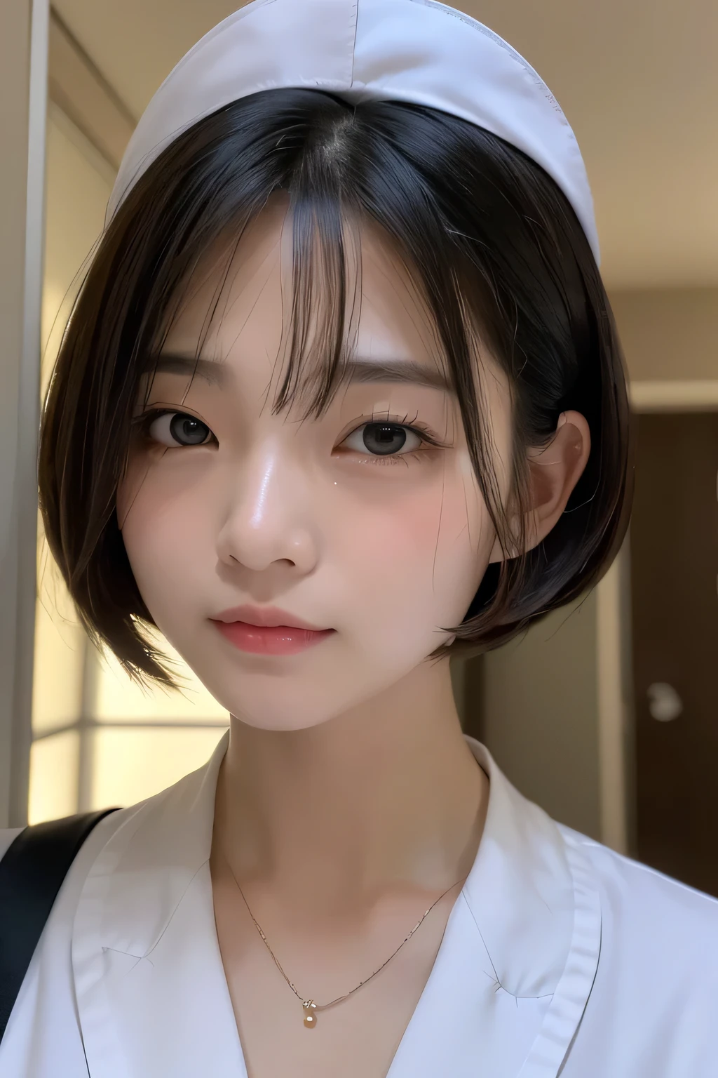 (1 Girl)、(Beautiful Japanese、18years old,round face、Refreshing、clear、seems kind、stylish、Pitiful、cute like an angel、cute、black eyes、,actress,Almond-shaped eyes,Translucent white skin、Beautiful skin), Good style , (Beautiful big breasts:1.2),(soft breasts),(very cute),(Black hair),(short bob hair),(enchanting eyes),(highlight on eyes:1.2)、(8K、Live shooting、highest quality、masterpiece:1.2、optimal lighting)、((masterpiece)),(Photo taken by a professional photographer),(real、photo real:1.4),break,{ (White nurse costume),(((taraditional nurse uniform))),,{(White nurse tight pants)},(cleavage:1.2)},(Angry face),(tears:1.4))(cheeks are red:1.2), break, break,Old abandoned hospital,Face shot:1.3、 night、looking away, face close-up,Looking up、sitting、(Both eyes closed:1.3)、Dimly lit hallway