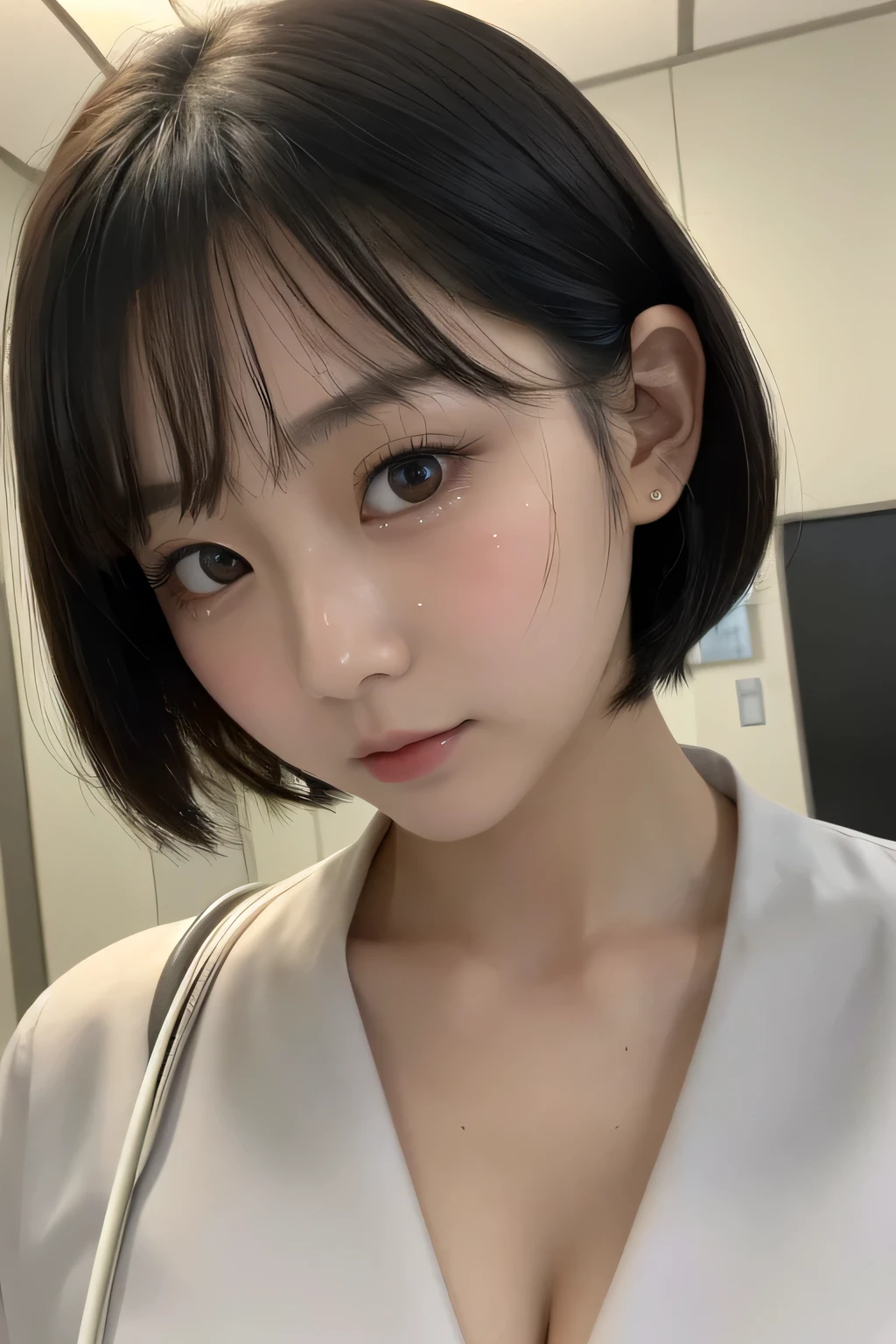(1 Girl)、(Beautiful Japanese、18years old,round face、Refreshing、clear、seems kind、stylish、Pitiful、cute like an angel、cute、black eyes、,actress,Almond-shaped eyes,Translucent white skin、Beautiful skin), Good style , (Beautiful big breasts:1.2),(soft breasts),(very cute),(Black hair),(short bob hair),(enchanting eyes),(highlight on eyes:1.2)、(8K、Live shooting、highest quality、masterpiece:1.2、optimal lighting)、((masterpiece)),(Photo taken by a professional photographer),(real、photo real:1.4),break,{ (White nurse costume),(((taraditional nurse uniform))),,{(White nurse tight pants)},(cleavage:1.2)},(Serious face),(tears:1.4))(cheeks are red:1.2), break, break,Old abandoned hospital,Face shot:1.3、 night、looking away, face close-up,Looking up、sitting、(Both eyes closed:1.3)、A dimly lit hospital room at night
