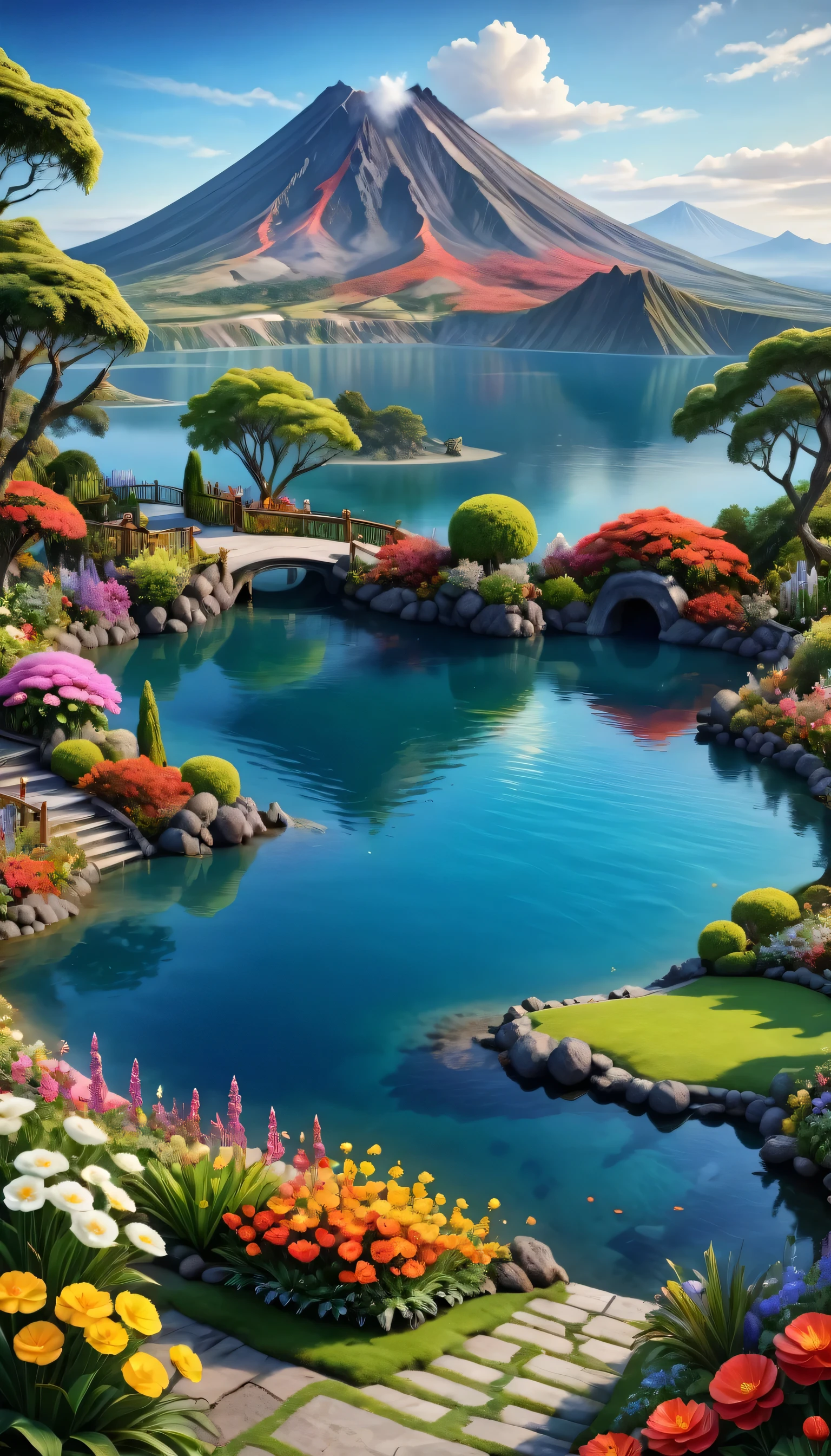 Beautiful Garden, realism, lake, Active volcanic mountains, Flowers,romantic,Amazing beauty,32k