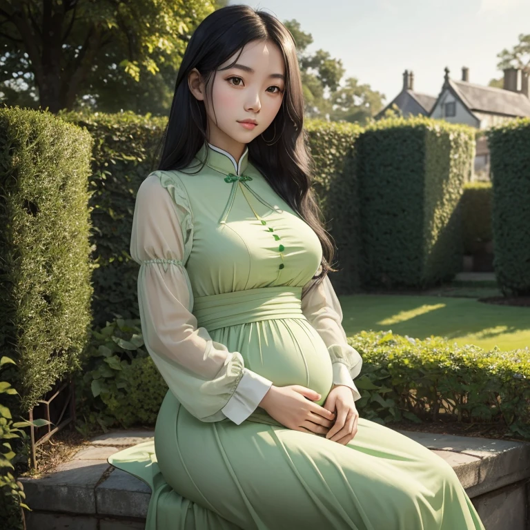 A very young pregnant Chinese girl with long wavy black hair, green eyes, and light skin wearing a long historic Edwardian light green opaque dress with long sleeves and a white blouse in the garden of an English Manor