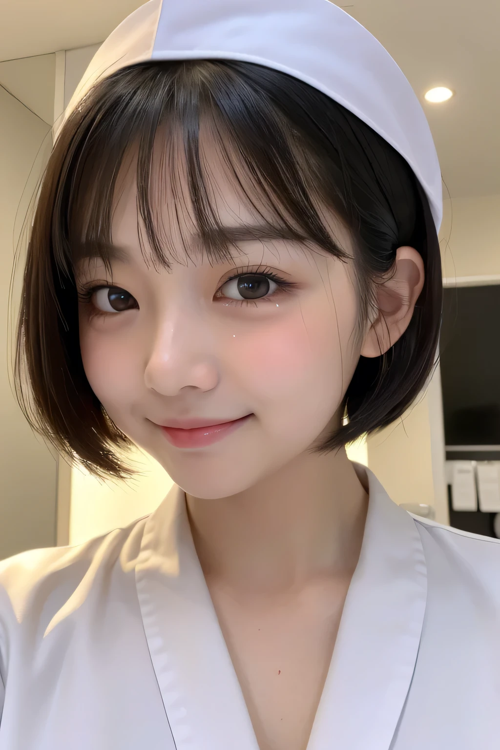 (1 Girl)、(Beautiful Japanese、18years old,round face、Refreshing、clear、seems kind、stylish、Pitiful、cute like an angel、cute、black eyes、,actress,Almond-shaped eyes,Translucent white skin、Beautiful skin), Good style , (Beautiful big breasts:1.2),(soft breasts),(very cute),(Black hair),(short bob hair),(enchanting eyes),(highlight on eyes:1.2)、(8K、Live shooting、highest quality、masterpiece:1.2、optimal lighting)、((masterpiece)),(Photo taken by a professional photographer),(real、photo real:1.4),break,{ (White nurse costume),(((taraditional nurse uniform))),,{(White nurse tight pants)},(cleavage:1.2)},( Smile),(tears:1.4))(cheeks are red:1.2), break, break,Old abandoned hospital,Face shot:1.3、 night、looking away, face close-up,Looking up、sitting、(Both eyes closed:1.3)、Dimly lit hallway