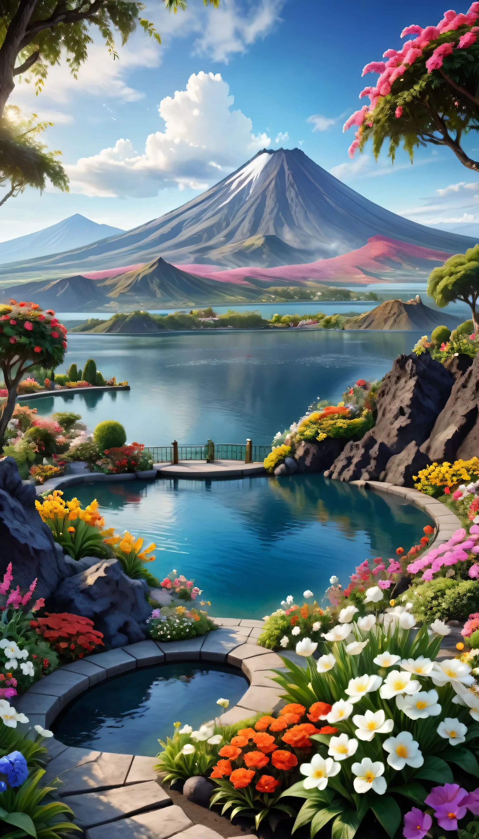 Beautiful Garden, realism, lake, Active volcanic mountains, Flowers,romantic,Amazing beauty,32k