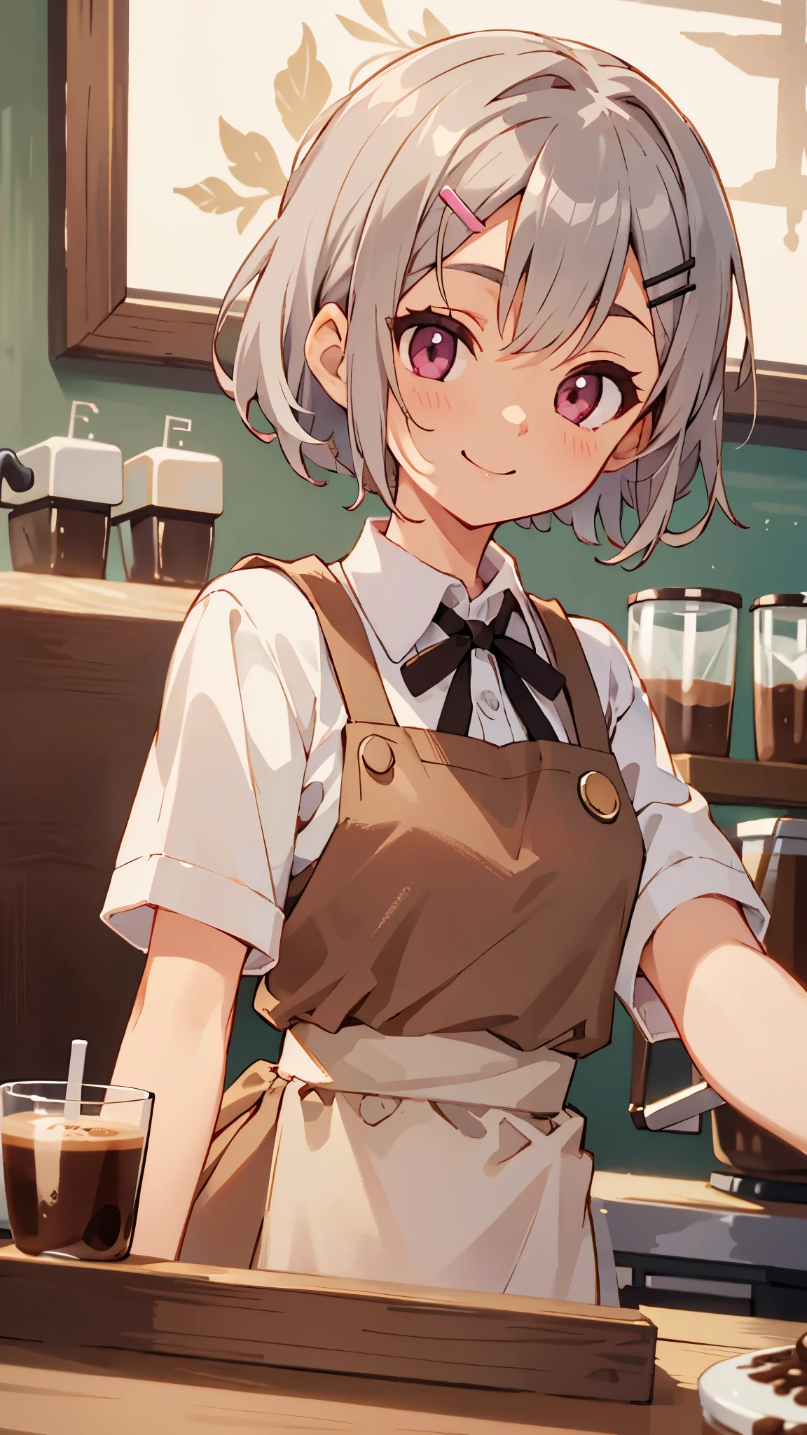 anime painting、1girl、alone、coffee shop、Silver and bob short hairstyle、Hair tied up with a hair clip、Pink Eyes、smile、Upper body close-up、She is making coffee in a machine、Brown apron、Perfect lighting、White shirt、Barista、Delicious coffee