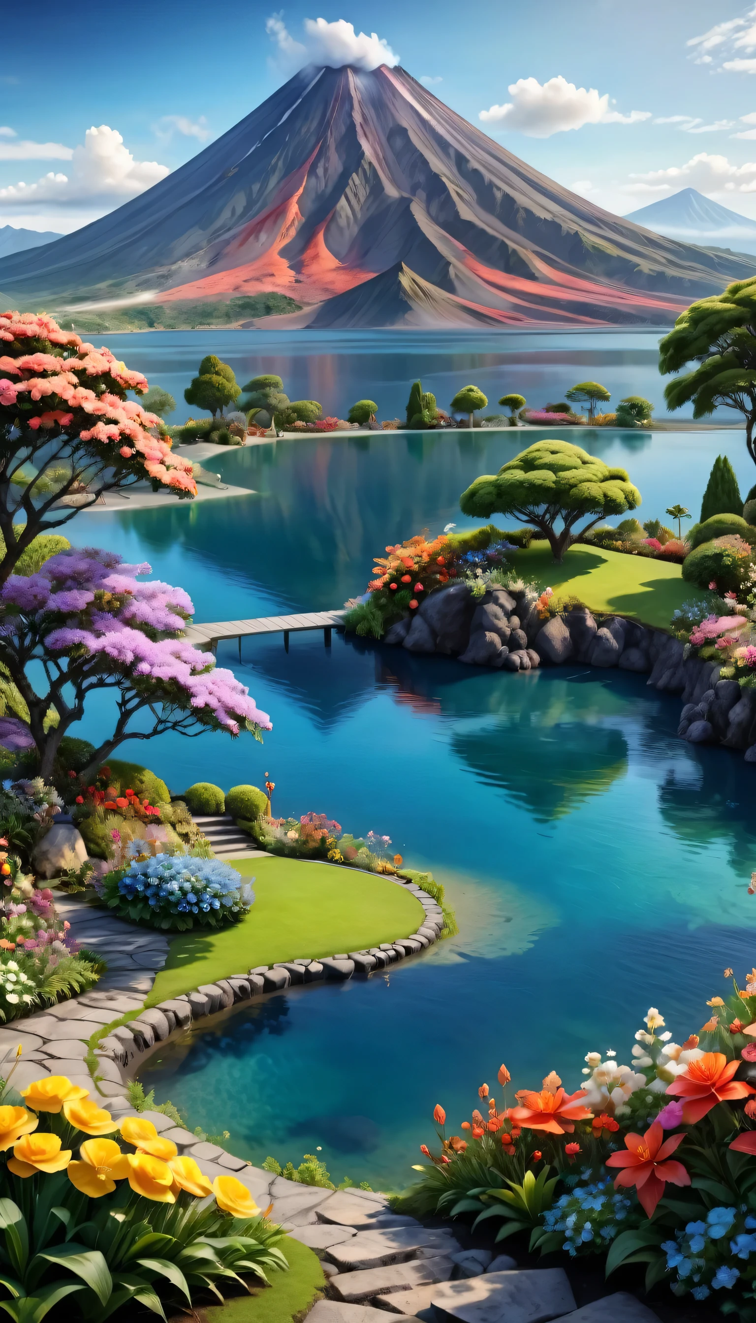 Beautiful Garden, realism, lake, Active volcanic mountains, Flowers,romantic,Amazing beauty,32k