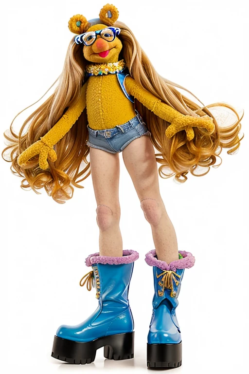 from below, (15 y.o. pale girl,very pale skin full of freckles, very bulging eyes, very ginger hair, thin legs and thin arms,backlighting, thin face, bulging eyes, pale white skin, very freckled, very thin, large puffy ears, big long nose,flat stomach , glasses, muppet face bag, blue boots with a blue heel, full lenght view, heavy boots, platform boots, massive boots, kneehigh boots, full length view, full height view, flower power, killer boots, 1990s flower power hippy, ) outfit inspired by Cookie Monster Muppets clothes outfit,pop art, sesame street, sesame street muppets, gonzo, the muppets, muppet show, totally gonzo, leaked image, muppet with the girl.