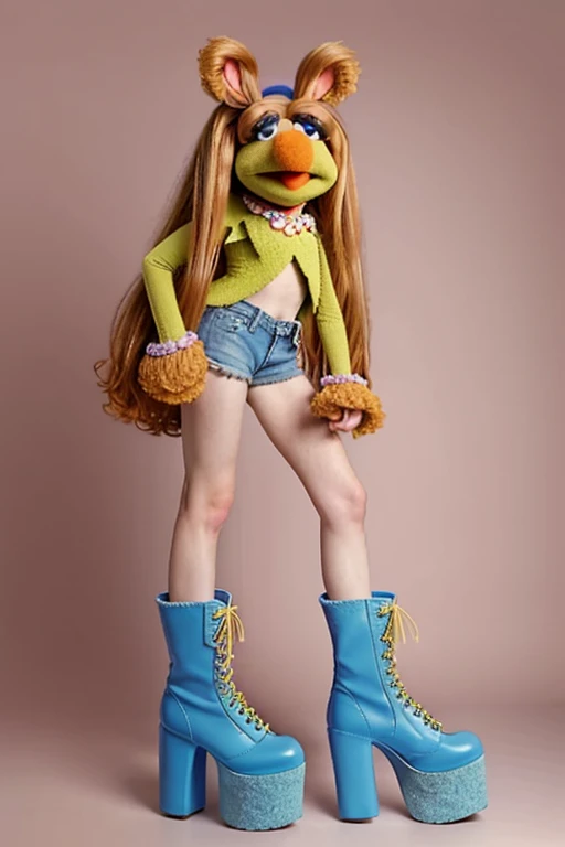 from below, ( y.o. pale girl,very pale skin full of freckles, very bulging eyes, very ginger hair, thin legs and thin arms,backlighting, thin face, bulging eyes, pale white skin, very freckled, very thin, large puffy ears, big long nose,flat stomach , glasses, muppet face bag, blue boots with a blue heel, full lenght view, heavy boots, platform boots, massive boots, kneehigh boots, full length view, full height view, flower power, killer boots, 1990s flower power hippy, ) outfit inspired by Cookie Monster Muppets clothes outfit,pop art, sesame street, sesame street muppets, gonzo, the muppets, muppet show, totally gonzo, leaked image, muppet with the girl.