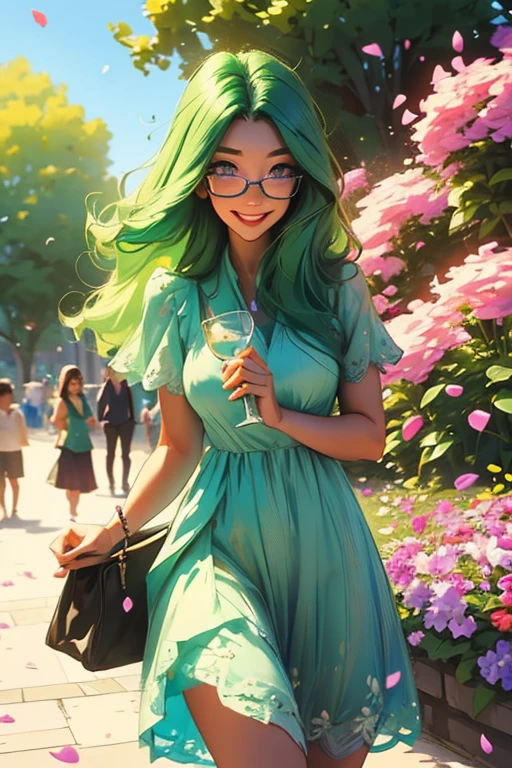 A green haired woman with violet eyes and glasses with an hourglass figure in a summer dress is smiling in a flurry of petals at the park