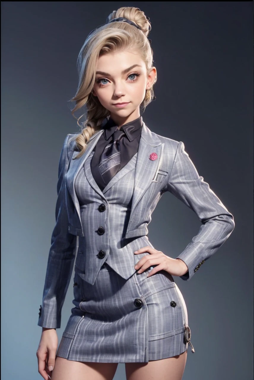 obra maestra, ,(solo:1.1), Natalie Dormer, cara perfecta, (Bright lighting:1.2), cuerpo perfecto, cuerpo musculado, Hermosos ojos detallados, cara extremadamente detallada, ((mirada coqueta)), (( sonrisa sugestiva)), square face and split chin, labios rojos, Red nails, perfect lighting,obra maestra, mejor calidad, ((mujer madura)), mqmf, 1 mujer, (((traje de falda a cuadros gris Oscuro))), (((traje de tres piezas))), (((corbata de seda))), corbata windsor, (((camisa de vestir))), (((chaqueta de sport))), (((Chaqueta de traje))), (((chaleco))), double-breasted chaleco, (((minifalda ajustada))), falda de tubo, tie clip, reloj de bolsillo, pocket handkerchief, gemelos, enfocarse solo, Totalmente vestida, Formalmente vestido, sonriente, elegant updo, Cabello recogido, messy hair bun,