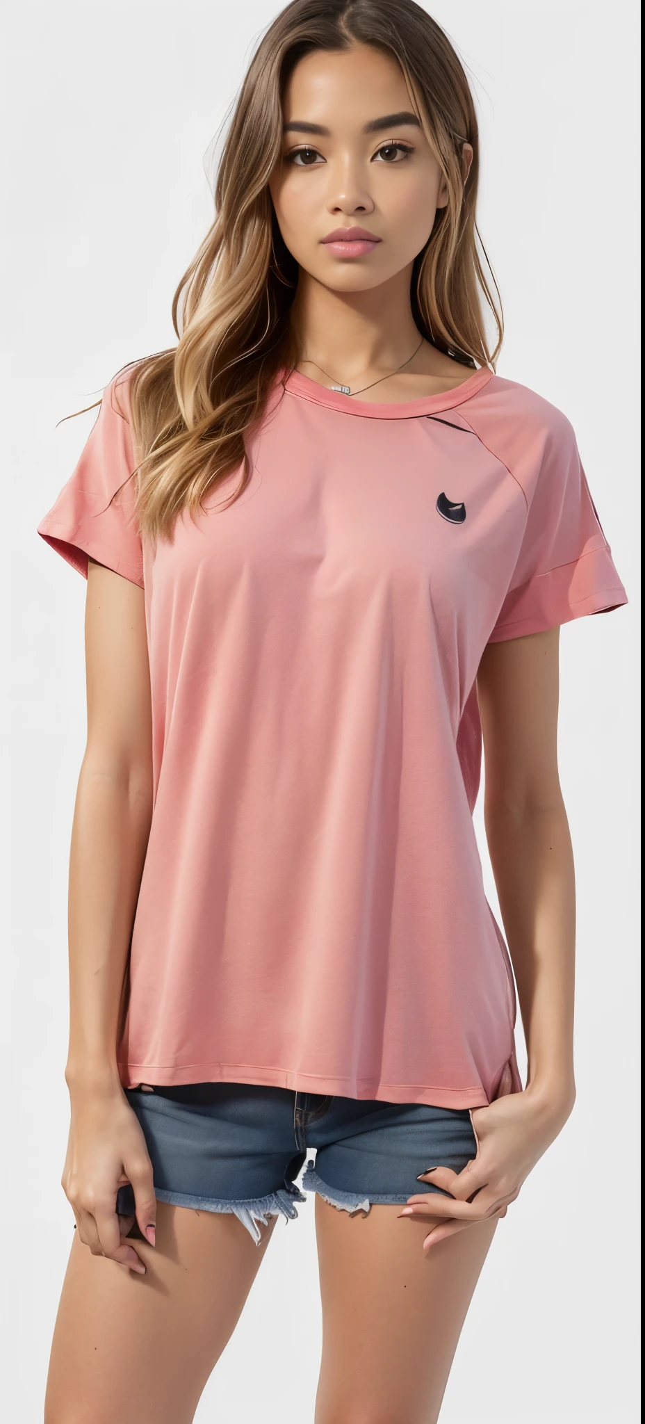 a woman in a blusa rosa and denim shorts posing for a picture, blusa rosa, roupas rosa, vestindo uma camiseta, vestindo uma camiseta muscular, Camisa vermelha, rosa desbotado, Manga curta, graphic t-shirts, vestindo uma camiseta laranja, roupas pastel, vestindo uma camiseta laranja, colori, face oval macia, vestindo uma camiseta e combate