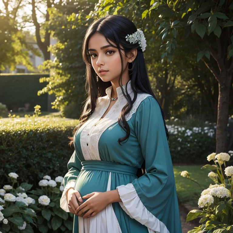 A very young pregnant Indian girl with green eyes, long black hair, green eyes, and brown skin wearing a long historic Edwardian light blue dress with long sleeves and a white blouse in the garden of an English Manor