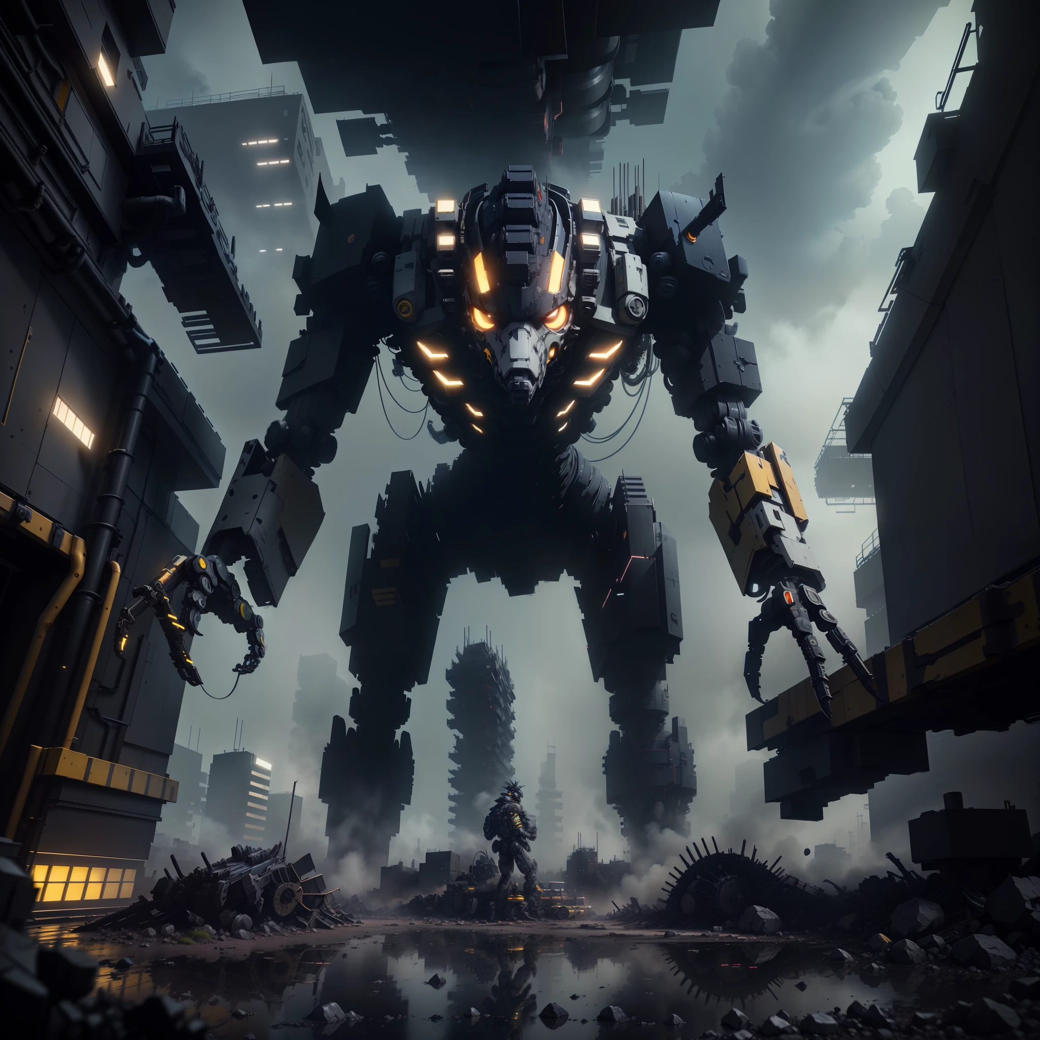 Construction site AI mech, HDRI, ultra realistic, UHD, many detail, retro 3d graphics, trend on behance 3d art, trend on behance 3d art, 3d illustration, 3d illustrati,3d rendering, close-up, hyper front shot, style of Tsutomu Nihei, ghost in the shell, sci-fi, gaze, dystoia future society, gigantic complex structures background, gloomy environment, deep foggy, lighting effects from various directions, red and blue illuminations, complicated lines and rubber tubes with grunge, bolt, rivetings, dynamic lighting effects, Unreal engine 5, RTX 4090 shader, hyper detail texture with reflection, 