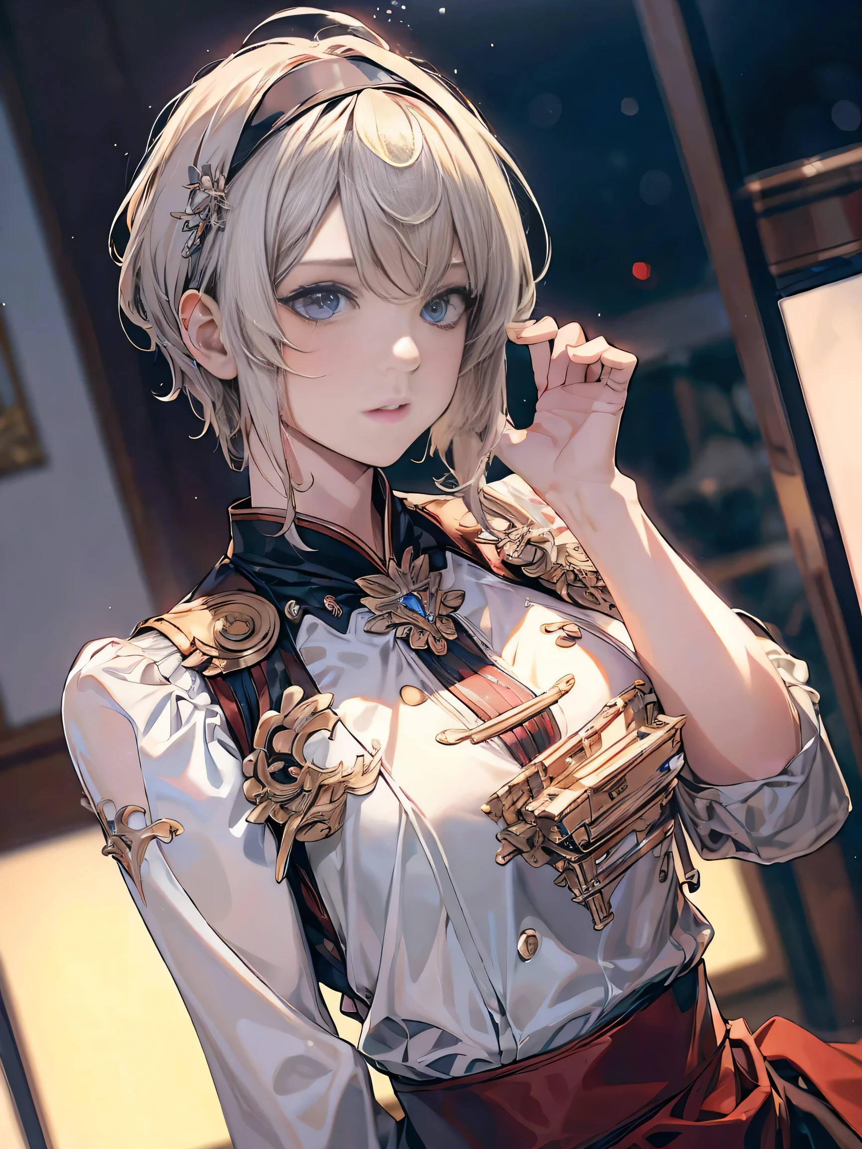 (( (masterpiece),(Very detailed CG Unity 8k wallpaper),(Bust Shot:1.5), highest quality,Cinema Lighting,Photorealistic, Detailed Background,Beautiful and beautiful eyes,Bright Eyes,(Very elegant and beautiful),(Beautifully detailed eye depiction),Very detailed,masterpiece,High resolution)), Richly decorated armor, Beautiful Female Warrior, short hair, Platinum Blonde Hair, Cleavage、Various actions、Various clothes、Red costume
