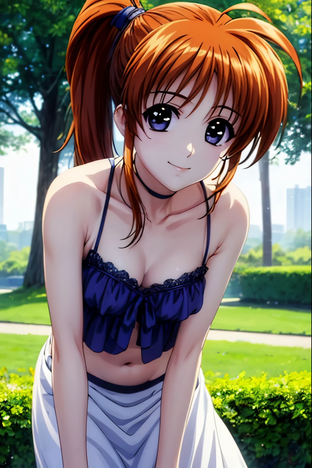 masterpiece, highest quality、Nanoha Takamachi、garden、smile、Closed Mouth、(Anime illustration)、 stomach、stomach、naked、naked、Leaning forward、 8k wallpaper, Closed Mouth、smile、 (Beautiful details:1.6), Highly detailed face, Perfect lighting, Extremely detailed CG, (Perfect hands, Perfect Anatomy),camisole、Beautiful Hair、ponytail、Cowboy Shot