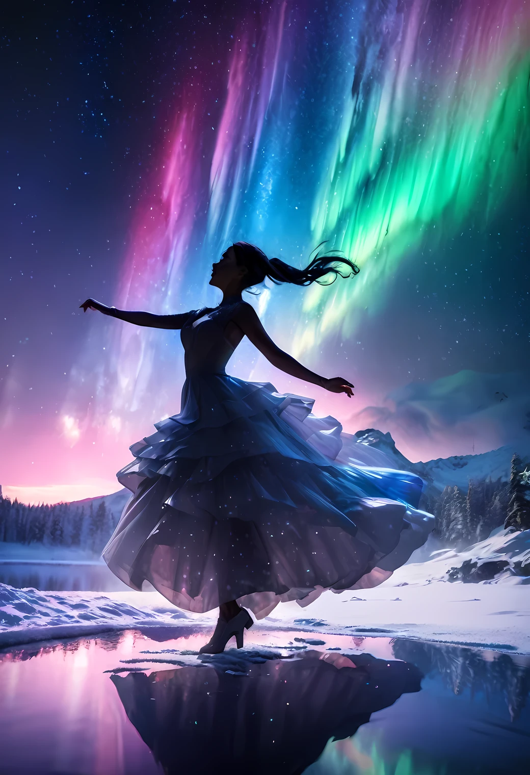 raw photo:1.2, masterpiece, highest quality, 16k, unbelievably absurd, very detailed, perfect beauty, (double exposure vibrant colors silhouette), (layered vibrant colors silhouette), (snow world photo scenery), diamond dust, starry sky with aurora, flowing dress, (lake), (realistic photo scenery), (starlight), (girl dancing), portrait