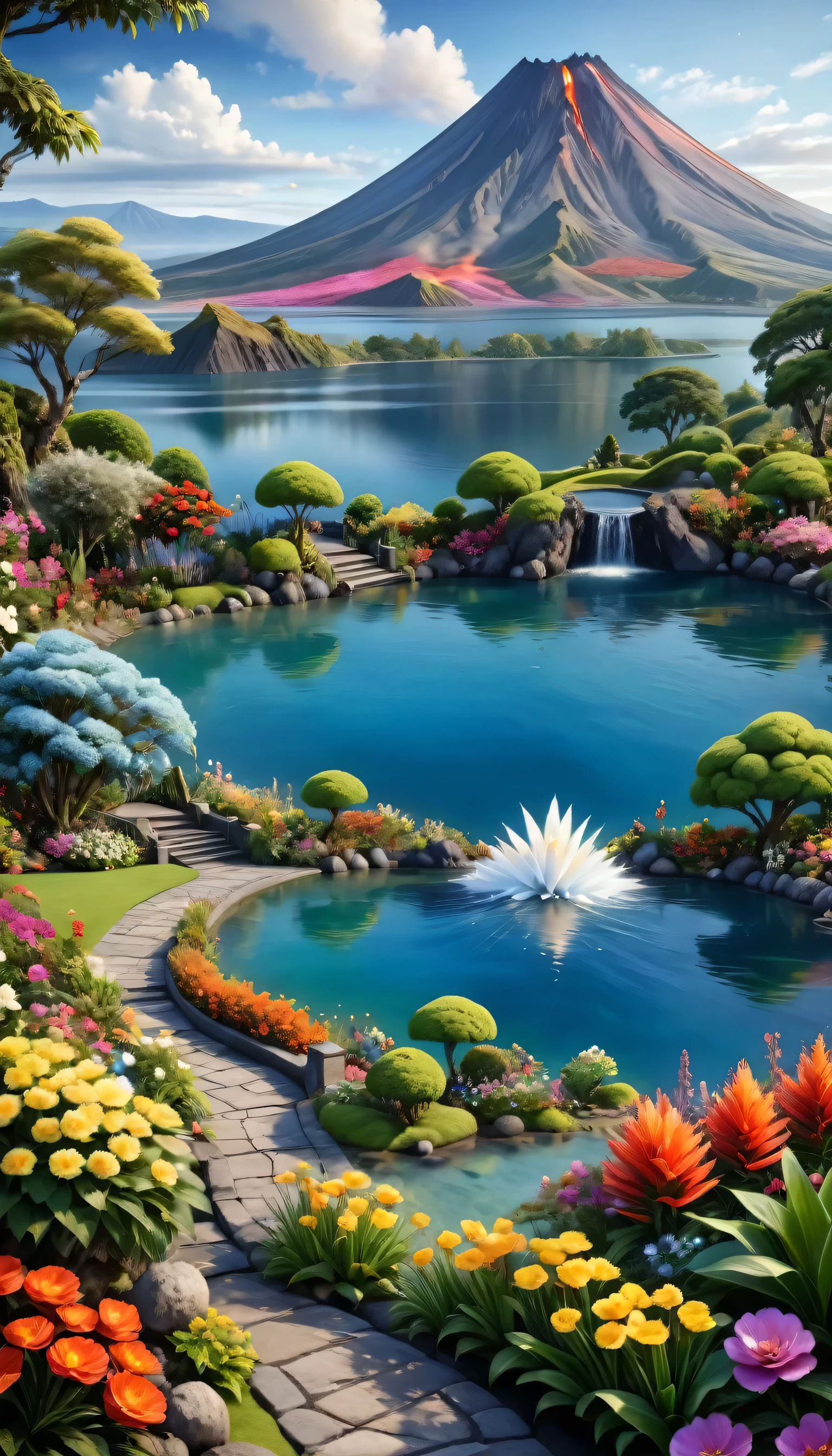 Beautiful Garden, realism, lake, Active volcanic mountains, Flowers,romantic,Amazing beauty,32k