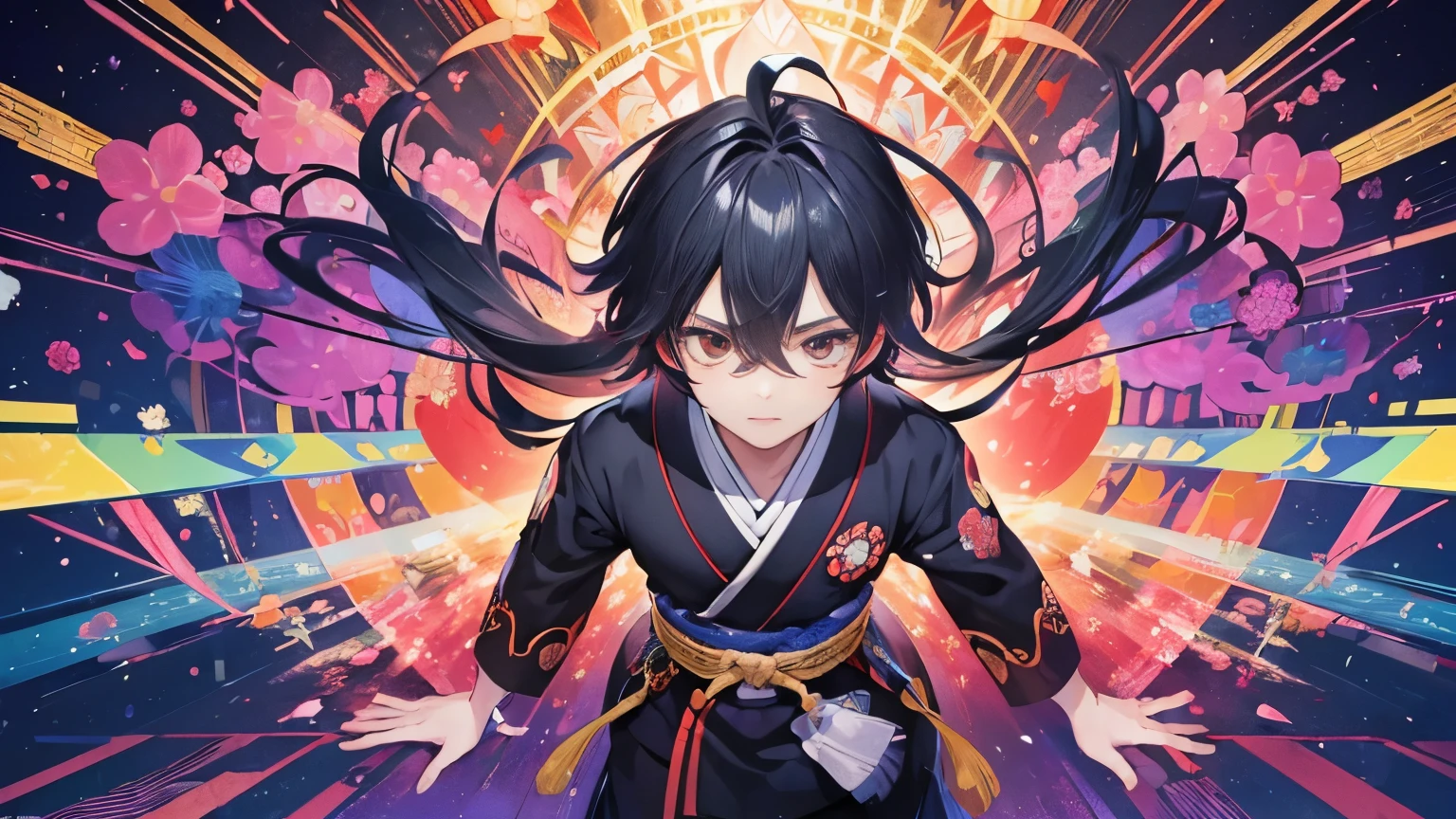 (((masterpiece))), high quality, (((kaleidoscopic))), 1boy, ninja, Flashy color japanese clothes, Traditional Japanese mansion, Flashy color background, Vivid, overhead shot,