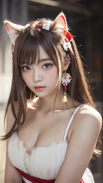 masterpiece, highest quality , Awareness-raising,1 perfect portrait of a girl, A fascinating eye for perfect detail, Colorful Hair, (red+White and soft hair:1.6), (Cat ear:1.3), ファンタジーなredい背景, {Sexy exposed bare shoulders} ,{Long-term alienation_sleeve}, {Lean forward slightly}, If you look up, hair ornaments, {shy },Please keep your mouth shut, Tilt your head, Cinema Lighting, Larger clothes, ((Seductive pose)), 