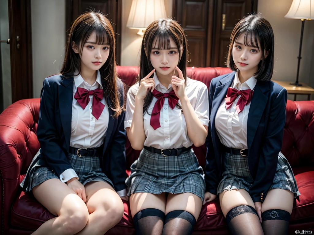 (8K, Raw photography, top-quality, ​masterpiece:1.2), master piece, best quality, illustration, Super detailed, fine details, High resolution, 8K,wall paper, perfect dynamic composition,(Details High quality, realistic depiction of eyes:1.3), ((2 girls, 2 schoolgirls)), The background is a luxury hotel room、High school girl uniform、blazer 、Super Short Check Uniform Skirt、Navy blue high socks、garterbelts、Colossal tits、Disturbed uniform, Play with each other,Touching each other's bodies,Touching the body of the girl next door, short bob hair, black hair color, huge breasts, Big Natural Color Lip, bold sexy pose, (perfect body shape), crying a little、cold gaze,  Beautiful makeup,glitter makeup,Cutest 18 years old, beautiful legs, hposing Gravure Idol, Voluptuous thighs