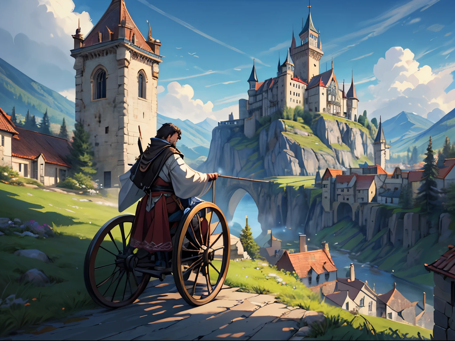 A Pixel Art painting,Depiction of a medieval warrior looking out over a medieval castle from a hill, landscape, Mountains in the distance, pine, beautiful clear sky, (Super detailed), (masterpiece), Wheels within wheels, Wheels within wheels details, Pixel Art