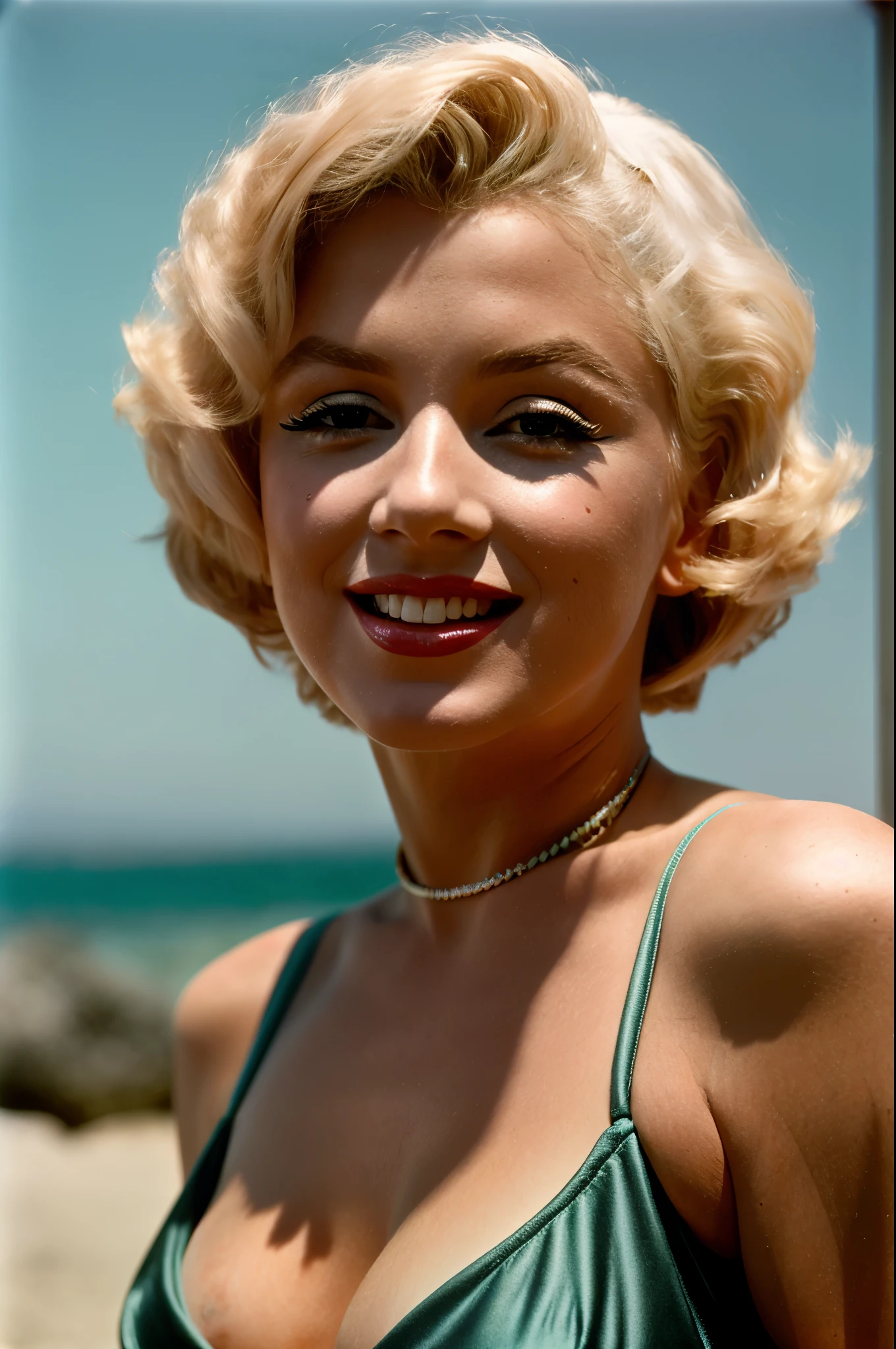 Realistic photo of a beautiful m4ryl1n-v2 woman, 1girl, solo, breasts, looking at viewer, smile, short hair, blue eyes, blonde hair, simple background, bare shoulders, medium breasts, parted lips, teeth, mole, lips, makeup, lipstick, black background, realistic, red lips, soft lighting, professional Photography, Photorealistic, detailed, RAW, analog, sharp focus, 8k, HD, DSLR, high quality, Fujifilm XT3, film grain, award winning, masterpiece, sexy pose, seductive, flirting, sexy bikini, sexy bikini