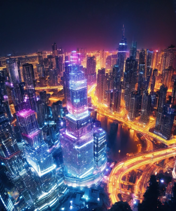 Gorgeous atmosphere、 Night view from a high place、Drawing a large number of skyscrapers, You can see the starry sky、The neon lights shine white and gold.、