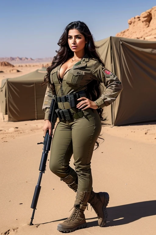stunning big ass arab goddess woman with long wavy hair in military outfit in hot desert and army ready for battle