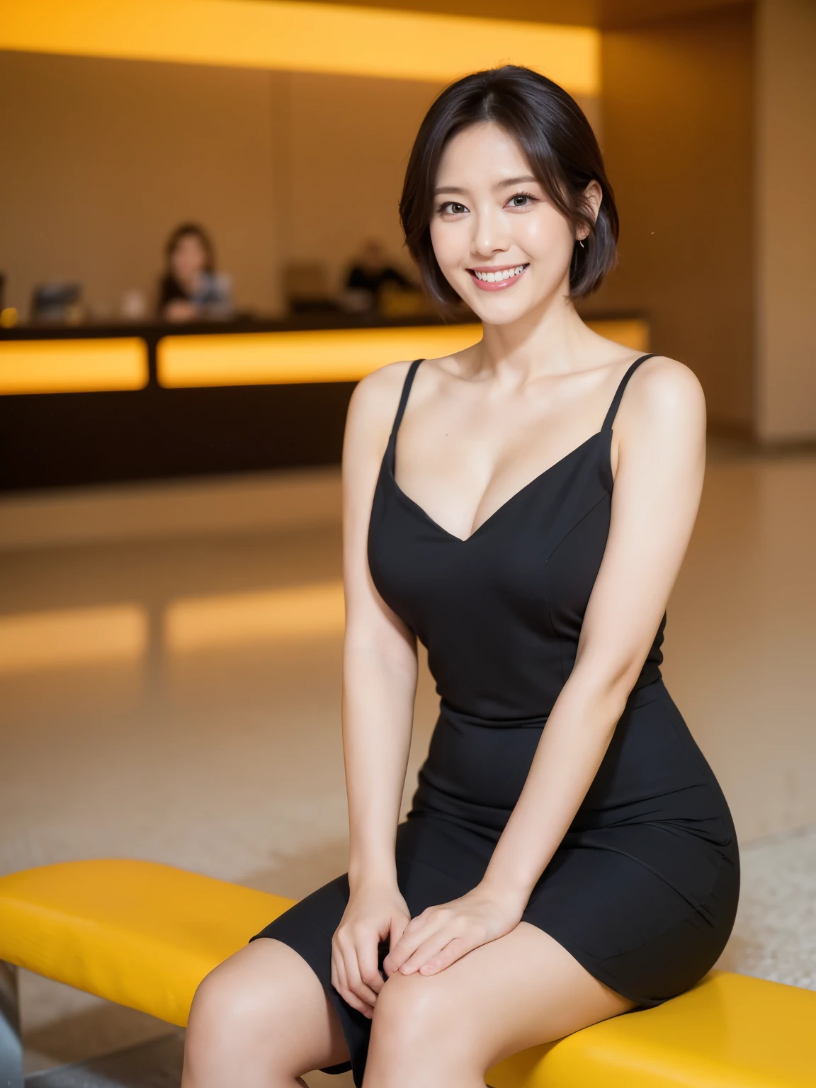 最high quality, In 8K, Masseter region, Vibrant, Sharp focus, high quality, High resolution, Detailed face, fine grain, Thick lips, (Looking at the audience), alone, Beautiful woman, 38 years old, plum, Short black hair, Cleavage, Brightly colored patterned dress, Morning Scenery、（Haneda Airport departure lobby:1.5）、（Short black hair:1.5）, Cleavage, (Sit on the bench with your feet together:1.6）、（White Dress:1.8）、（smile:1.5）、（Black pumps:1.5）、