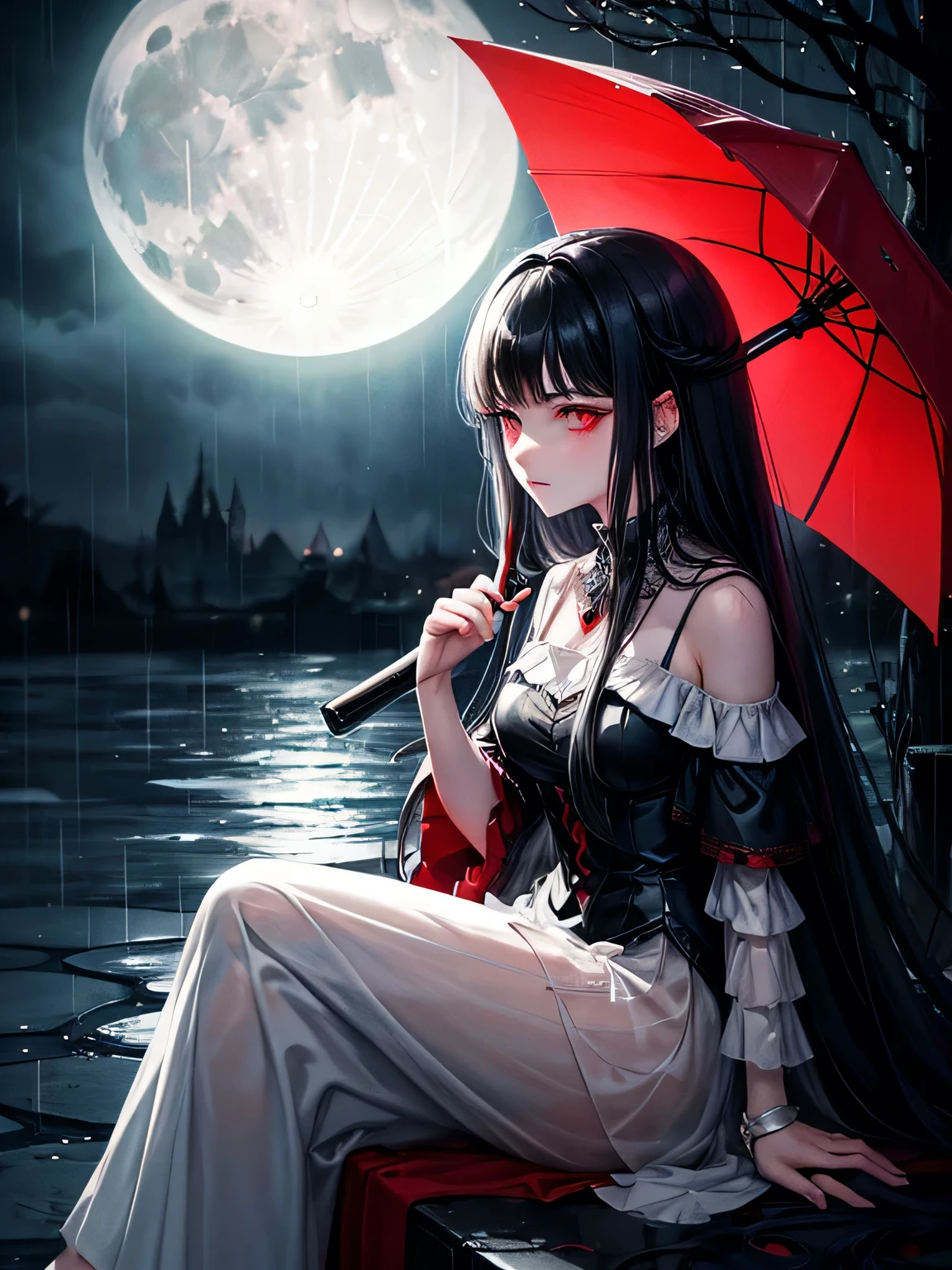black hair and red eyes mature princess,sideways moon, heavy raindrops, sitting on rain, aloof face, depressed gloomy atmosphere, illustrations, vivid colors, cool tones, soft lighting,