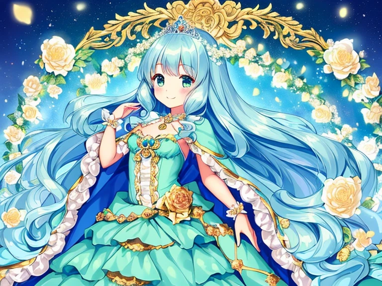 (kawaii),(best quality),(ultra detailed), upper body,(rococo style),(long train mint blue cape:1.05), very long cape,(long train mint blue ball gown with flower decorations:1.05), a girl is wearing a cape over her gown, 1 princess, tiara, smile, small breasts, very long hair