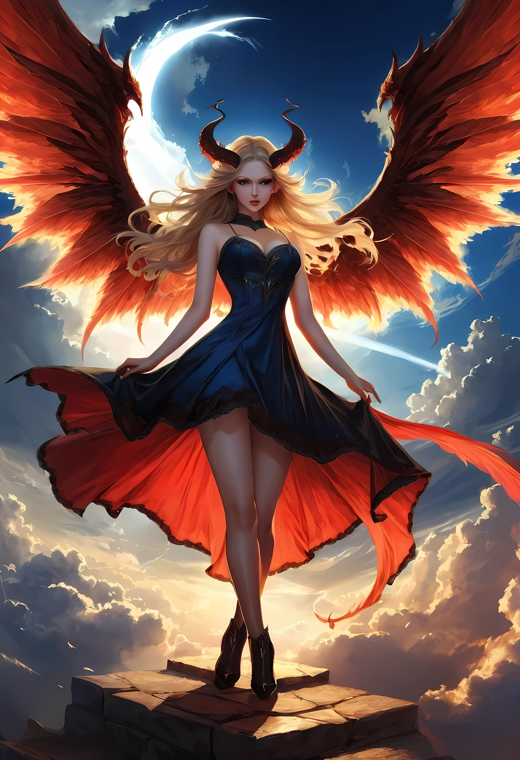 ((a picture of 2 women 1angel and 1demon), (highest quality, masterpiece, High resolution), 16K, fantasy art, RPG art BREAK a (1female angel: 1.3) , wearing dress, pale skin, best details beautiful face , (blond: 1.2) hair, long hair wavy hair (blue: 1.1) eyes, high heeled boots, wearing a dress, large angelic wings, (white: 1.2) angelic wings spread BREAK ((AND)) a (1female demon: 1.3), (red: 1.2) skin, demonic wings, (black: 1.1) demonic wings spread, demonic horns, (red: 1.1) skin, black hair, red eyes, best details beautiful face, wearing a dress, high heels, in the border between heaven and hell, moon, stars, clouds, god rays, soft natural light silhouette, dynamic angle, photorealism, panoramic view (Masterpiece 1.3, intense details) , Wide-Angle, Ultra-Wide