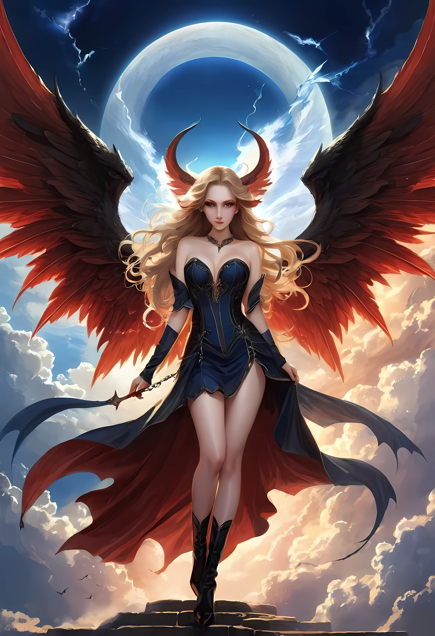 ((a picture of 2 women 1angel and 1demon), (highest quality, masterpiece, High resolution), 16K, fantasy art, RPG art BREAK a (1female angel: 1.3) , wearing dress, pale skin, best details beautiful face , (blond: 1.2) hair, long hair wavy hair (blue: 1.1) eyes, high heeled boots, wearing a dress, large angelic wings, (white: 1.2) angelic wings spread BREAK ((AND)) a (1female demon: 1.3), (red: 1.2) skin, demonic wings, (black: 1.1) demonic wings spread, demonic horns, (red: 1.1) skin, black hair, red eyes, best details beautiful face, wearing a dress, high heels, in the border between heaven and hell, moon, stars, clouds, god rays, soft natural light silhouette, dynamic angle, photorealism, panoramic view (Masterpiece 1.3, intense details) , Wide-Angle, Ultra-Wide