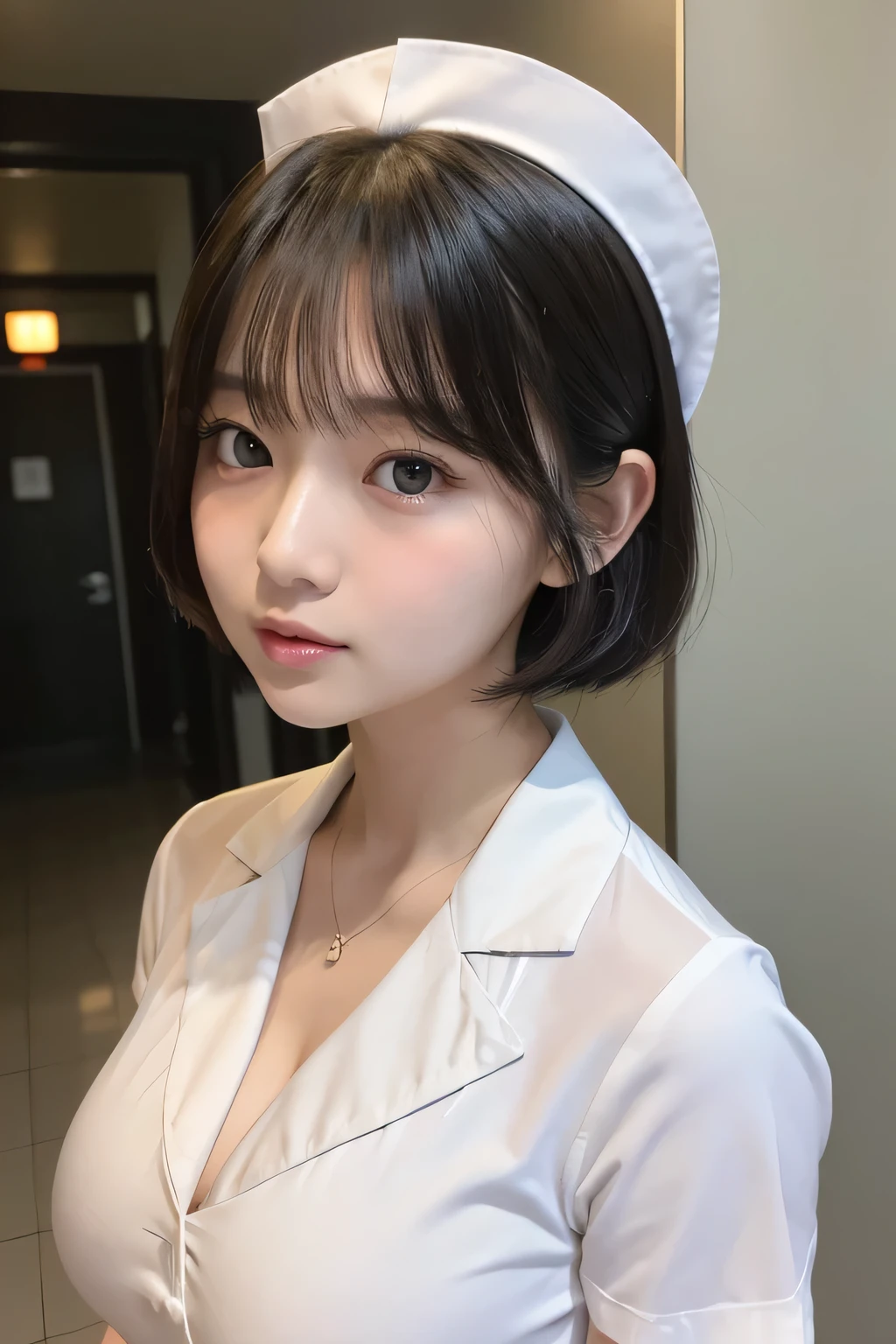 (1 Girl)、(Beautiful Japanese、18years old,round face、Refreshing、clear、seems kind、stylish、Pitiful、cute like an angel、cute、black eyes、,actress,Almond-shaped eyes,Translucent white skin、Beautiful skin), Good style , (Beautiful big breasts:1.2),(soft breasts),(very cute),(Black hair),(short bob hair),(enchanting eyes),(highlight on eyes:1.2)、(8K、Live shooting、highest quality、masterpiece:1.2、optimal lighting)、((masterpiece)),(Photo taken by a professional photographer),(real、photo real:1.4),break,{ (White nurse costume),(((taraditional nurse uniform))),,{(White nurse tight pants)},(cleavage:1.2)},( Surprised:1.4))(cheeks are red:1.2), break, break,Old abandoned hospital,Face shot:1.3、 night、Dimly lit hallway、looking away, face close-up,Looking up、standing、(((Opening mouth in surprise)))