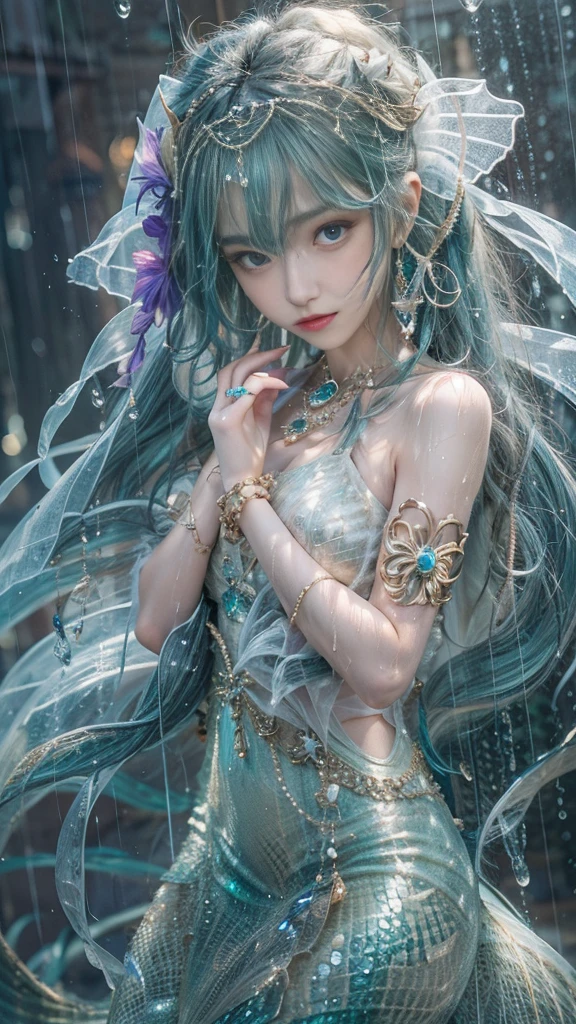(RAW shooting, 32k:1.5, highest quality, masterpiece, Ultra-high resolution), (Under the sea at night:0.7, moonlight:0.7, Mystical Expressions:1.3, Expressions of sadness:1.0), Fractal Art:1.3, Perfect dynamic composition:1.3, 非常にdetailedな肌と顔の質感:1.3, (Dynamic flow of water waves:1.2, Slim Mermaid:1.2, Mermaid tail), Looking up at the audience, Fair skin:1.2, Incredibly slim body:1.2,Very beautiful face:1.1, Water droplets on the skin, detailed, (Rain drips down on my body:0.9, Wet body:0.9, Wet Hair:1.0), (Posing Pro:0.9, With a wet bouquet:0.9, Gorgeous blue shiny mermaid dress portrait:1.1, Woven Belt), Shapely breasts, (Big eyes that exude beautiful eroticism:0.5, Lips that exude beautiful eroticism:0.5), Totally captivates you, Very sweet atmosphere, necklace, Earrings, bracelet