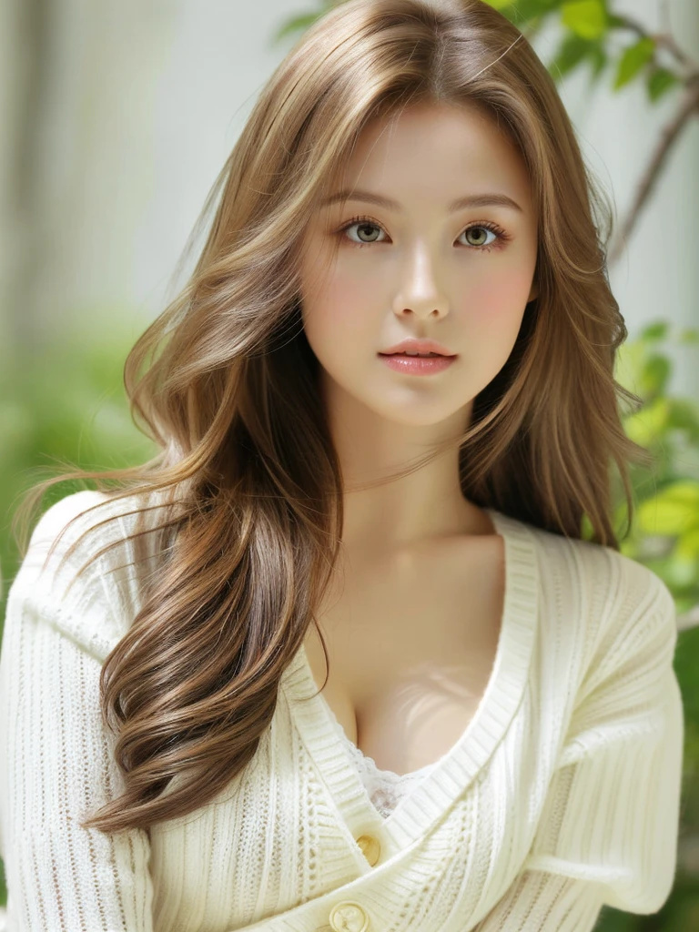 ((highest quality)), ((masterpiece)), (detailed), whole body、wallpaper、Attention to detail、Perfect proportions、Narrow waist、Light brown hair、Beautiful, clear skin、Beautiful white skin、Russian Beauty、(masterpiece:1.3), SLR Photo、Best image quality: 1.4, (Rough long hairstyle:1.2)、A soft-looking bust、Cleavage:1.4、loose and light knitwear,