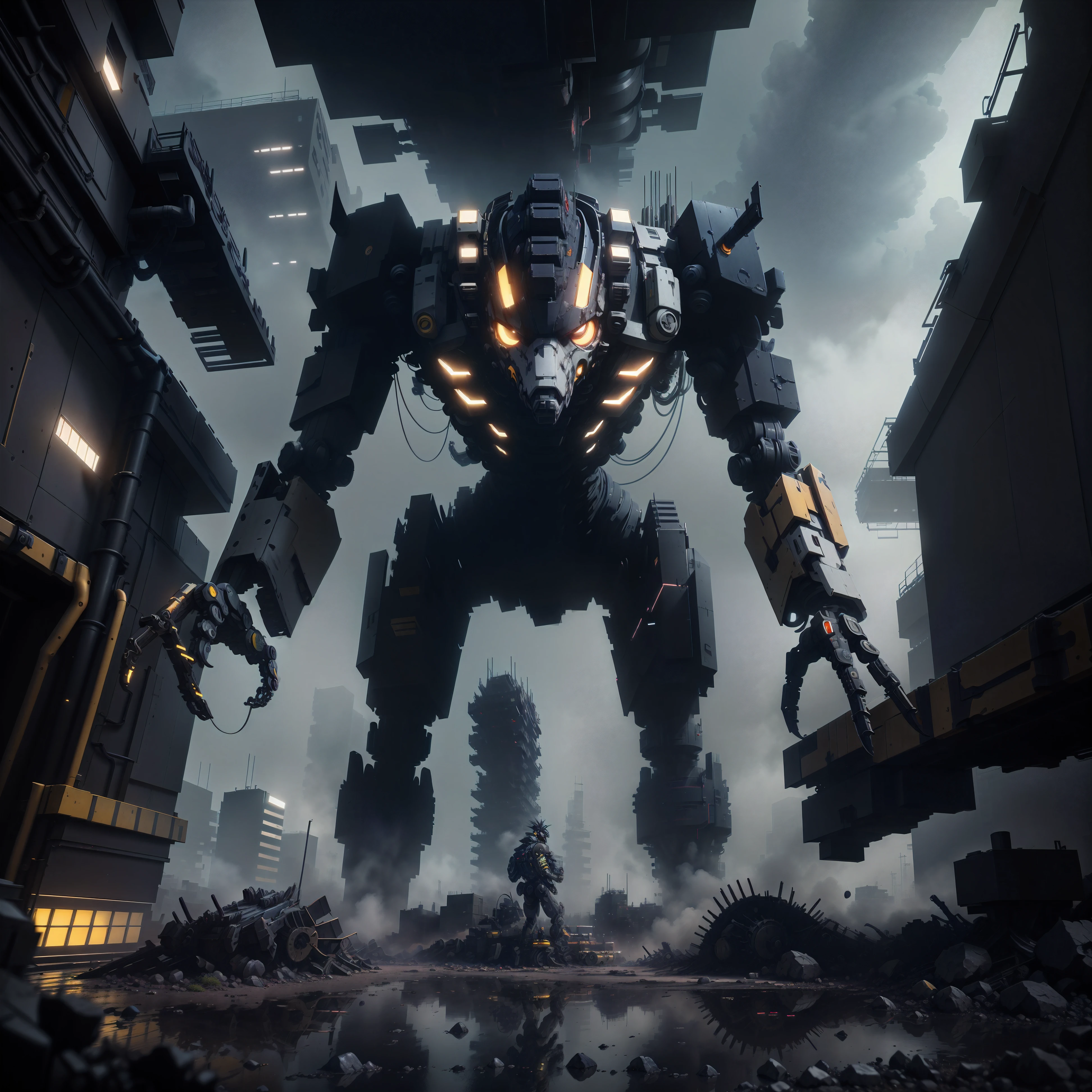 Construction site AI mech, HDRI, ultra realistic, UHD, many detail, retro 3d graphics, trend on behance 3d art, trend on behance 3d art, 3d illustration, 3d illustrati,3d rendering, close-up, hyper front shot, style of Tsutomu Nihei, ghost in the shell, sci-fi, gaze, dystoia future society, gigantic complex structures background, gloomy environment, deep foggy, lighting effects from various directions, red and blue illuminations, complicated lines and rubber tubes with grunge, bolt, rivetings, dynamic lighting effects, Unreal engine 5, RTX 4090 shader, hyper detail texture with reflection, 