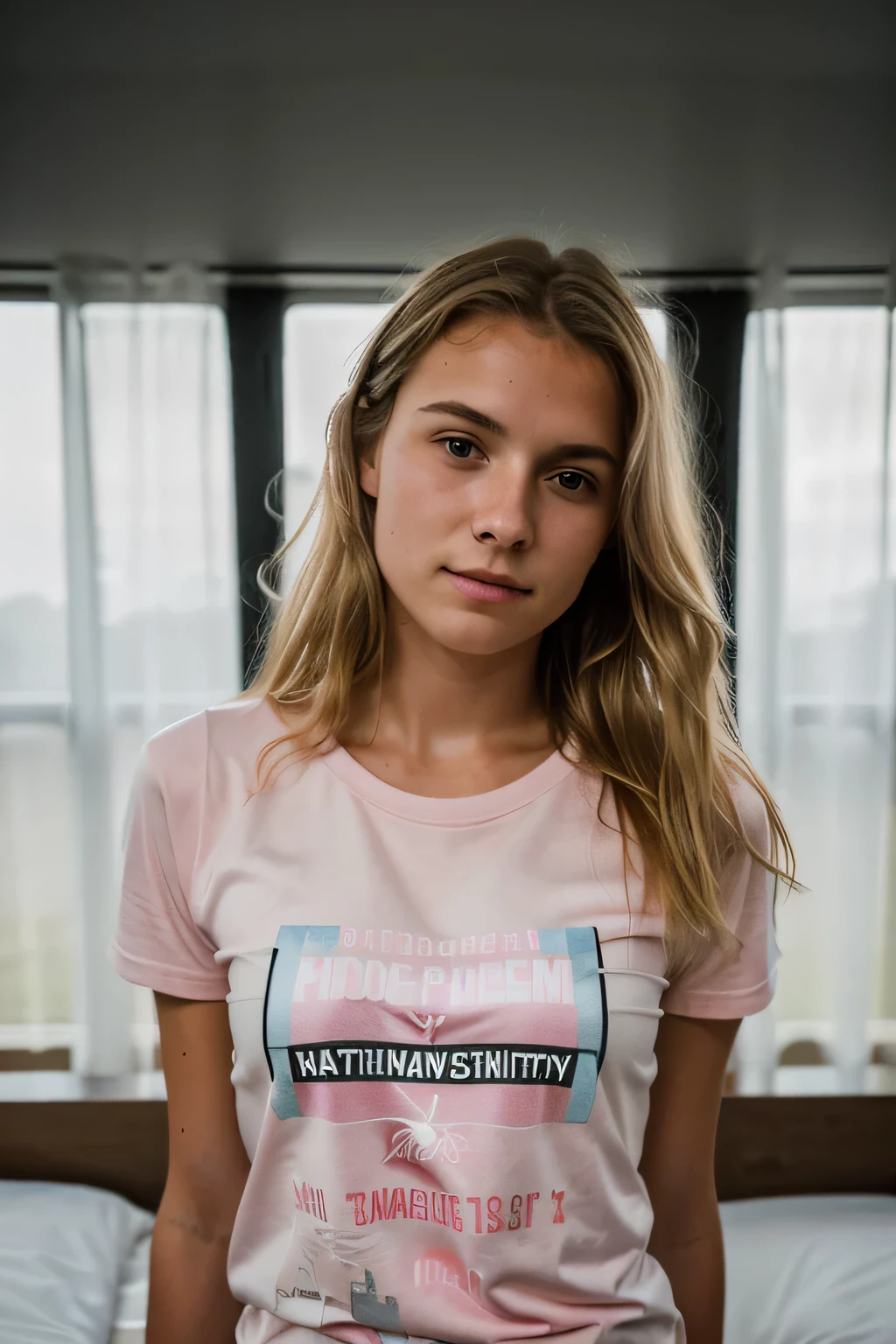 realistisches Foto, a realistisches Foto of 18yo,wearing a pink nike t-shirt, blondes langes Haar,zuhause,liegt im bett, (1 girl), (extrem detailliertes CG Unity 8k-Hintergrundbild), Photo of the most beautiful work of art in the world, professional majestic (Fotografie von Steve McCurry), 8k uhd, dslr, sanfte Beleuchtung, good quality, Filmkorn, Fujifilm XT3 scharfer Fokus, f 5.6, hohe Detailgenauigkeit, scharfer Fokus, dramatisch, (Betrachter betrachten:1.2), (detailed students:1.3), (natural light),