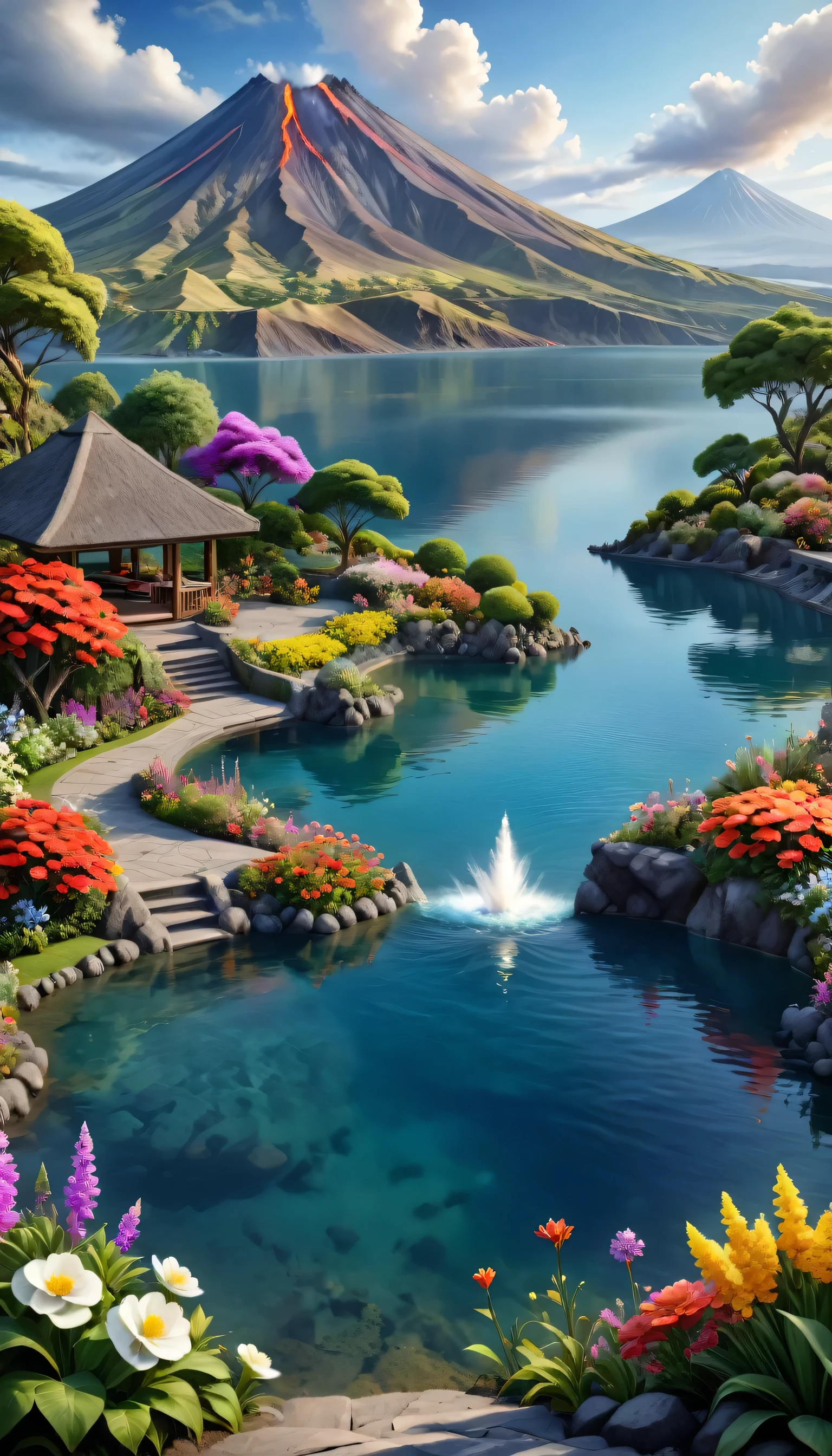Beautiful Garden, realism, lake, Active volcanic mountains, Flowers,romantic,Amazing beauty,32k