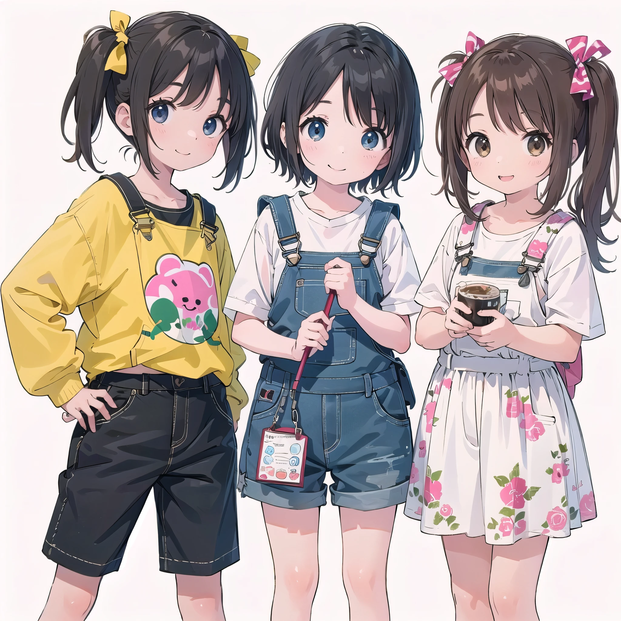 8-year-old、pretty girl、Overalls、A happy smile、Simple Background, Four Girls