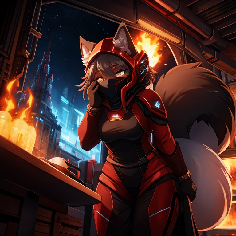 Young woman in full armor, black and red spacesuit sits in the cabin of a spaceship. Her helmet completely covers her face and has cat ears.., tiger, anthro, female, fur coat, (best quality), (detailed fire urban background:1.2), dramatic lighting, (detailed fluffy fur:1.1), (fantasy:1.2) cyberpunk style