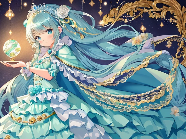 (kawaii),(best quality),(ultra detailed), upper body,(rococo style),(long train mint blue cape:1.05), very long cape,(long train mint blue ball gown with flower decorations:1.05), a girl is wearing a cape over her gown, 1 princess, tiara, smile, small breasts, very long hair