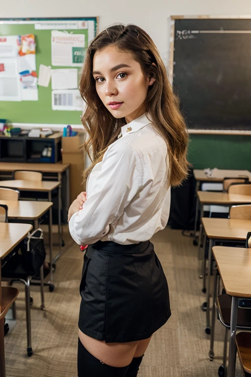 Best quality,masterpiece, in a black office skirt stands in the classroom, black boots, blonde hair, Russian appearance, long eyelashes, White shirt, cute face, Youthful appearance