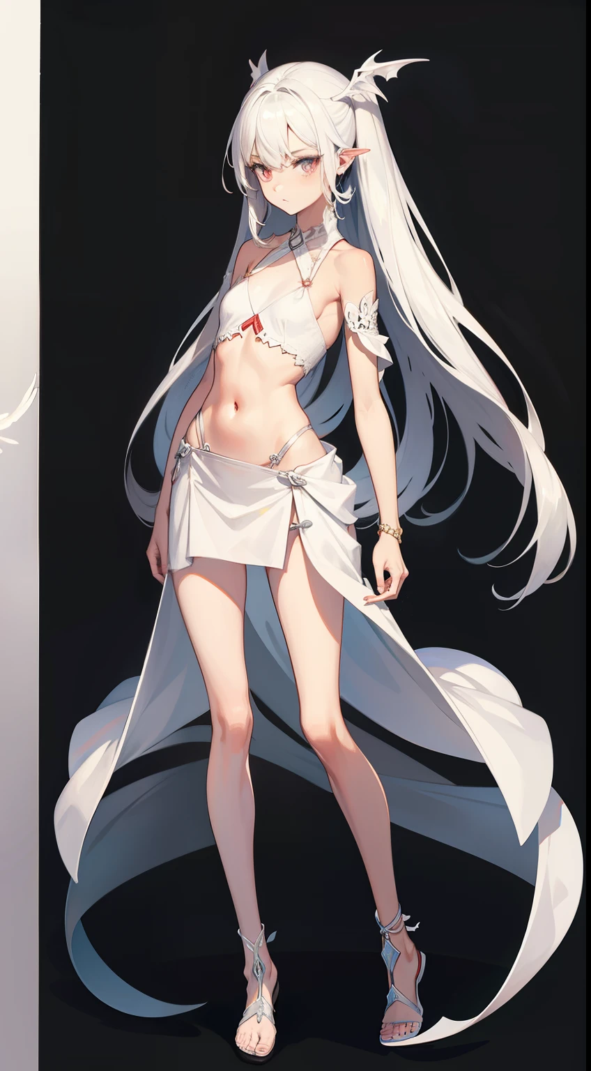 ((best quality)), ((masterpiece)), (detailed), perfect face, Character design, female, long white grey hair, wearing a white angelic dress, red grey eyes, small frame, very skinny, detailed, best quality, no accesoires around the neck, no shoes, prominent collarbones, skinny arms, flat stomach, visible hip bones, full body, vampire