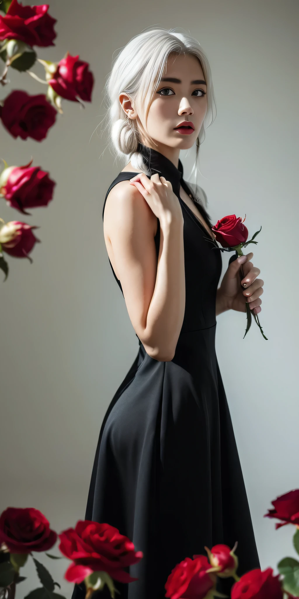 (best quality, masterpiece), (1girl, solo, black dress, standing , looking at viewer, white hair, red eyes, holding rose, closed mouth, upper body), (red dreamcatcher behind, red flower, )